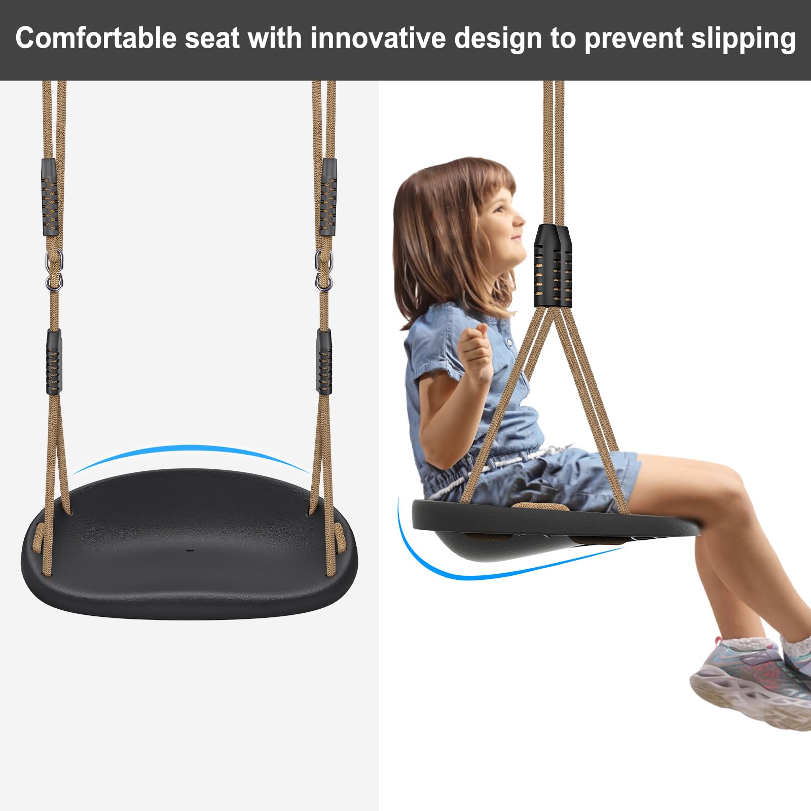 SELEWARE Lot de 2 balançoires en plastique robuste avec corde réglable et connexion rapide, accessoires de rechange pour enfants et adultes, aire de jeux intérieur/extérieur, balançoire d'arbre, noir