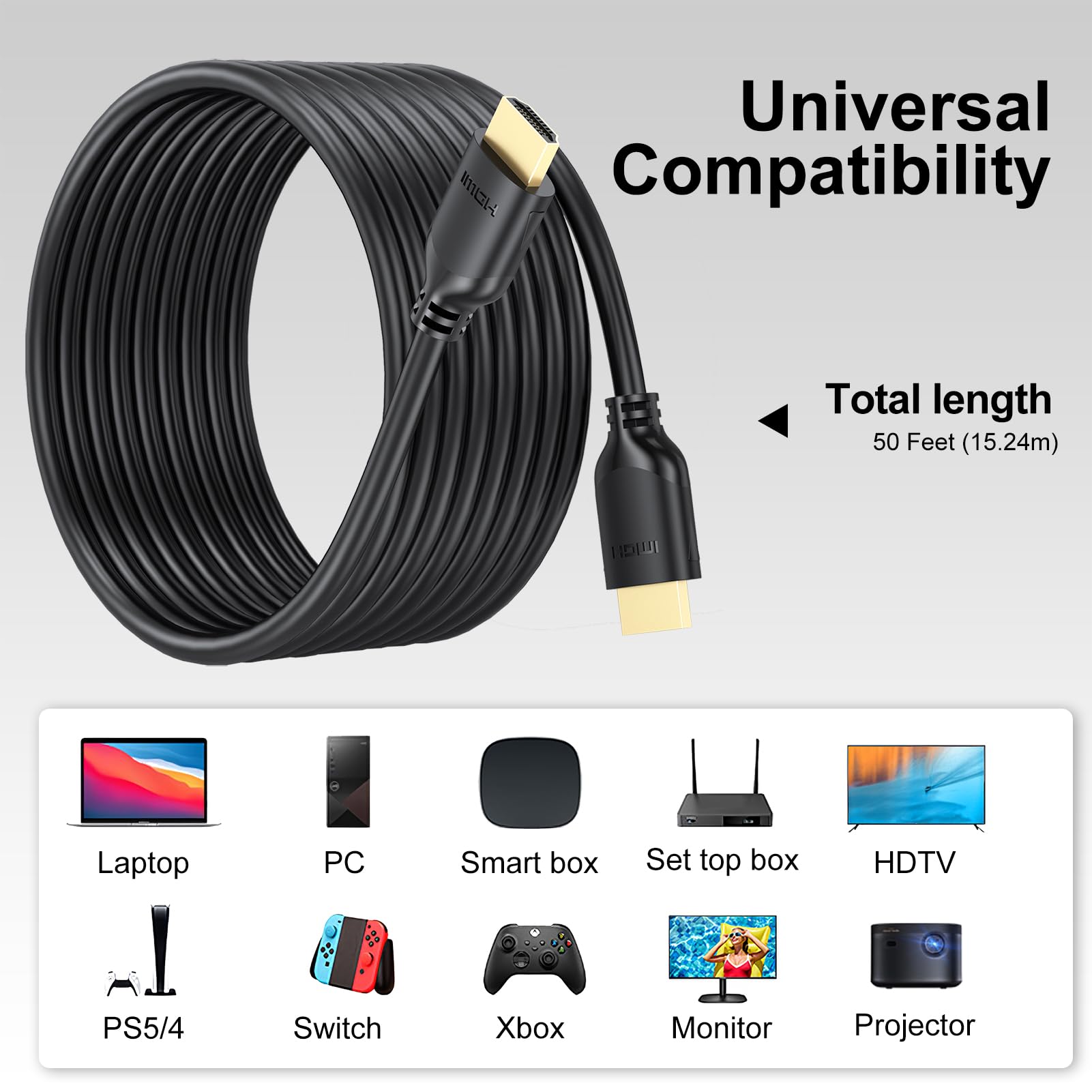 Cavo HDMI lungo 15 m, confezione da 5, cavo HDMI 4K a HDMI, 15,2 m, CL3, ad alta velocità, cavo HDMI 2.0 (4K a 60Hz, 2K 1440P, 3D, HDCP2.2, ARC, Ethernet) compatibile per monitor, proiettori, HDTV