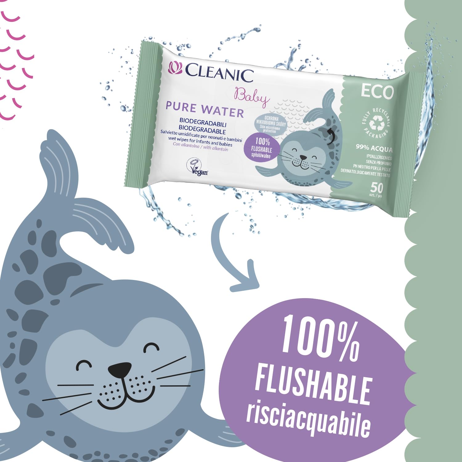 Cleanic Salviette Umidificate Baby Eco Pure Water - (50x16 Pezzi) Salviette - Composizione 99% acqua, allantoina, senza profumo, lavabili, per pelli sensibili - 800 Pezzi
