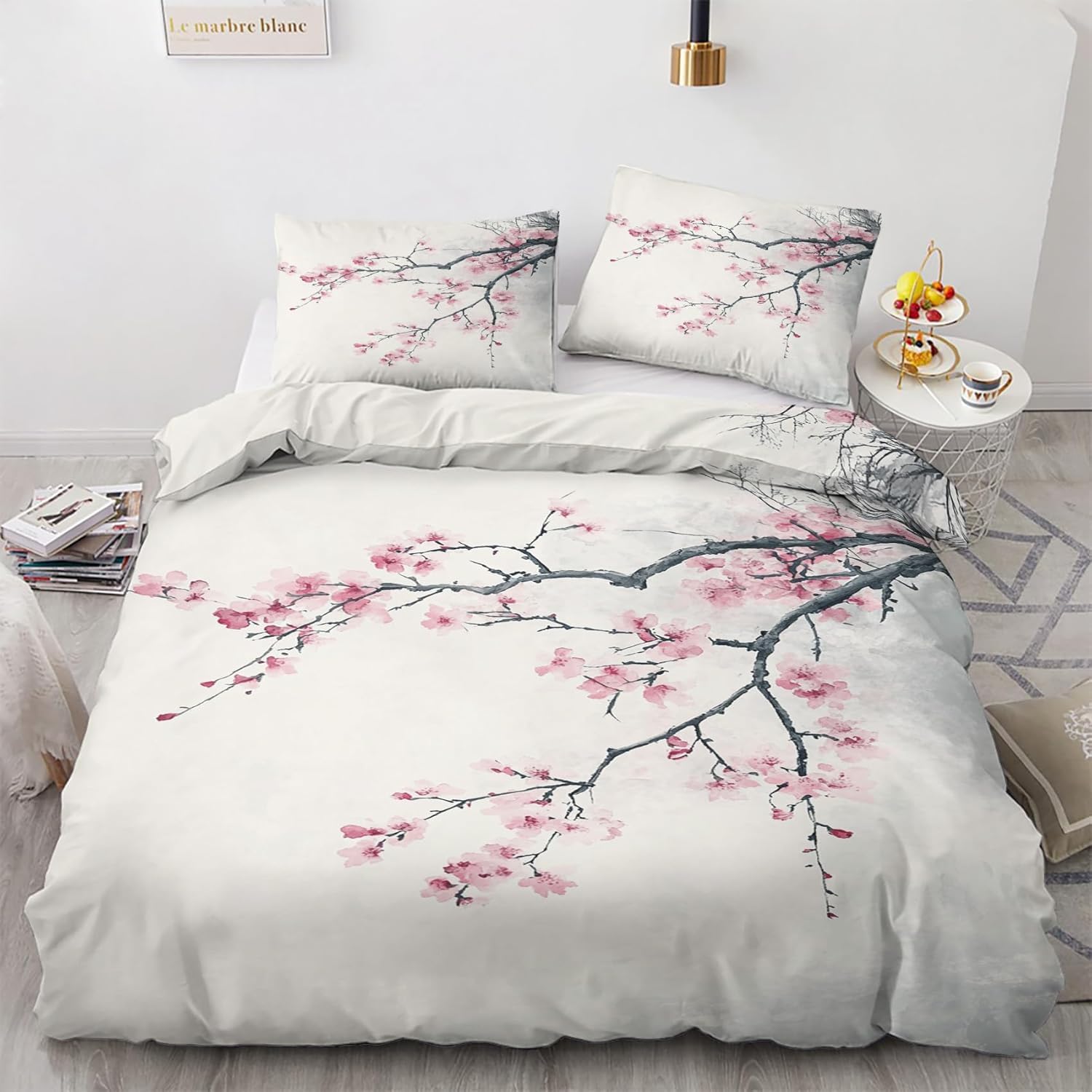 Funda Nordica Cama 135/150 Flores de Cerezo Japonesas Ropa de Cama Flores de Cerezo Japonesas Microfibra Suav Funda Edredon 240x220, Funda Nórdica Primavera y 2 Funda de Almohada 50x80 cm, e2375
