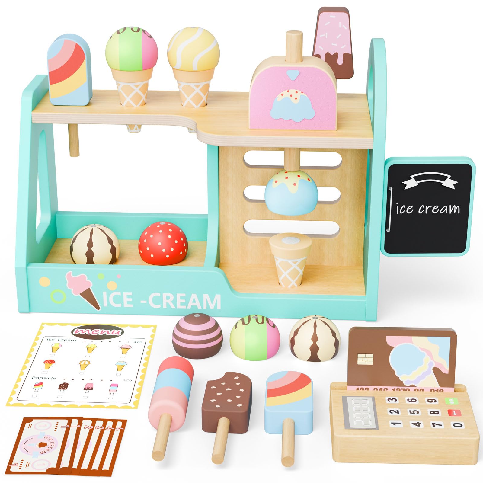 Gelateria Giocattolo per Bambini,Cucina Giocattolo per Bambini Giochi Montessori 2 3 Anno,Carretto Gelati Giocattolo con Cibo Menù e Soldi per Giocare Giochi Bimba Bambina Bimbo Bambinia 3 4 5 Anni