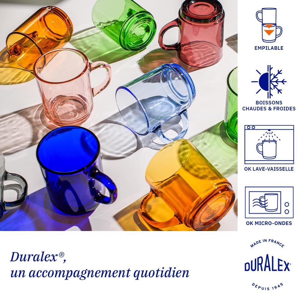 Duralex Set di 6 tazze impilabili in vetro temperato da 26 cl, resistenti tazze da cucina per caffè, tè, colazione, uso quotidiano, Set di tazze in vetro della collezione Versailles