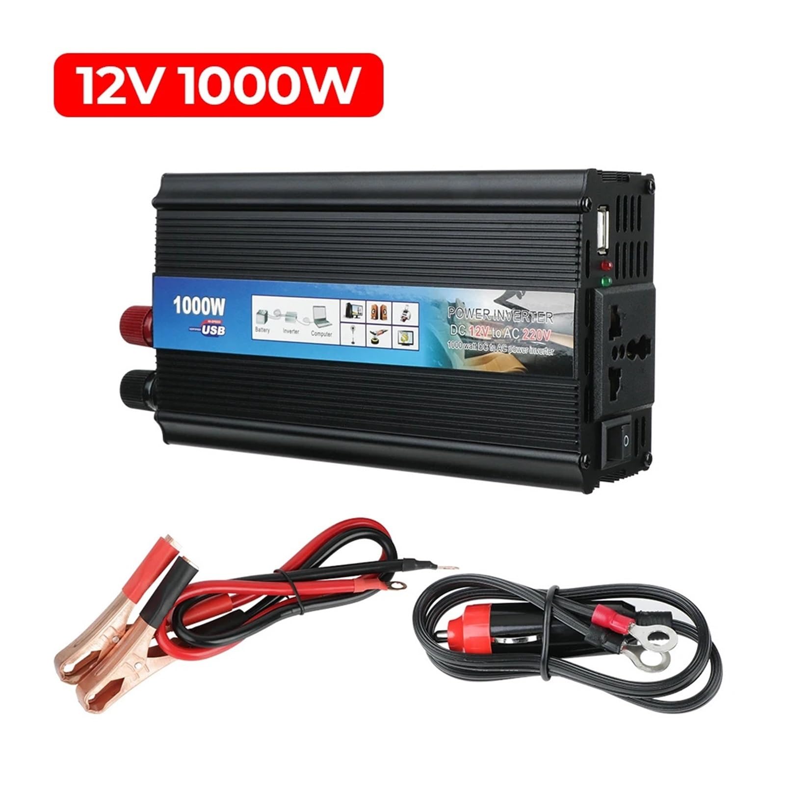 Invertitore di Potenza Inverter a Onda sinusoidale modificata 1000W 2000W di Potenza Convertitore Tensione for Auto con Caricabatterie USB CC a CA(1000W)