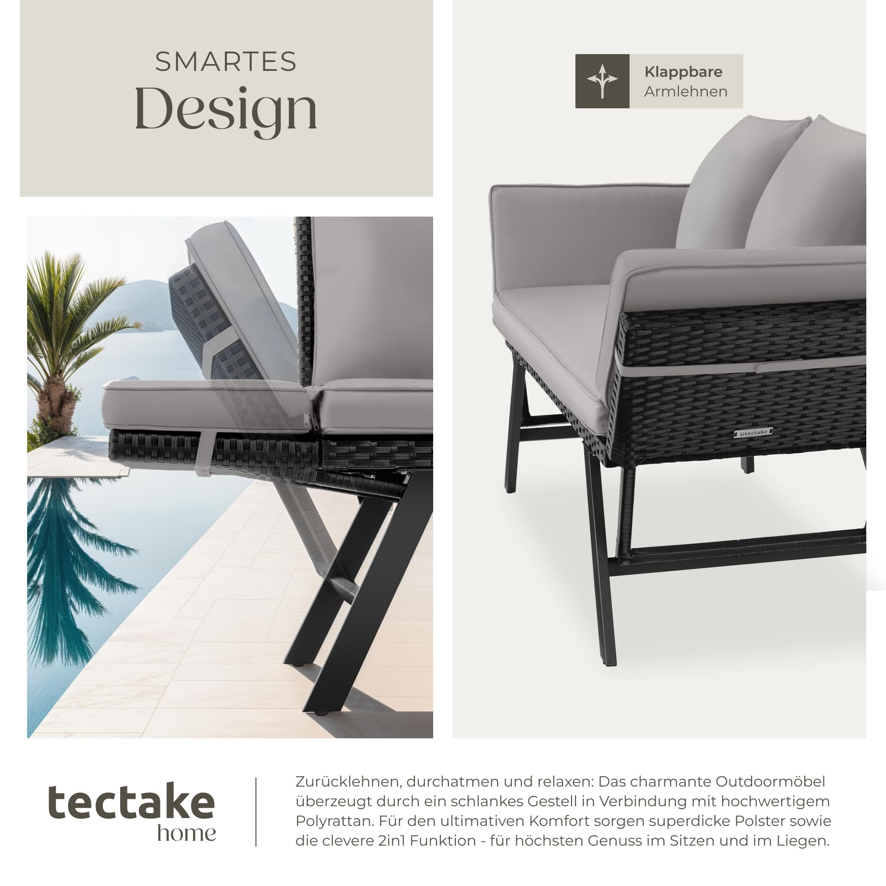 tectake® Rattan Loungesofa und Sonnenliege, Gartenmöbel, Lounge Möbel Outdoor, Sitzbank Schlaffunktion, Couch klappbarer Armlehne, Balkonmöbel, Gartenbank, Sofa, Balkon Möbel - hellgrau/schwarz