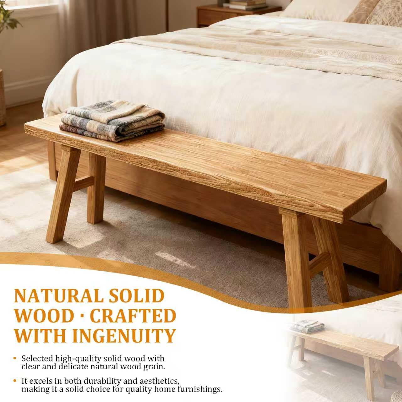 Solid Wood Entryway Bench - Rustic Elm Farmhouse Dining Bench for Hallway, Bedroom, Kitchen - 2-Person Seating, Natural Wood Finish