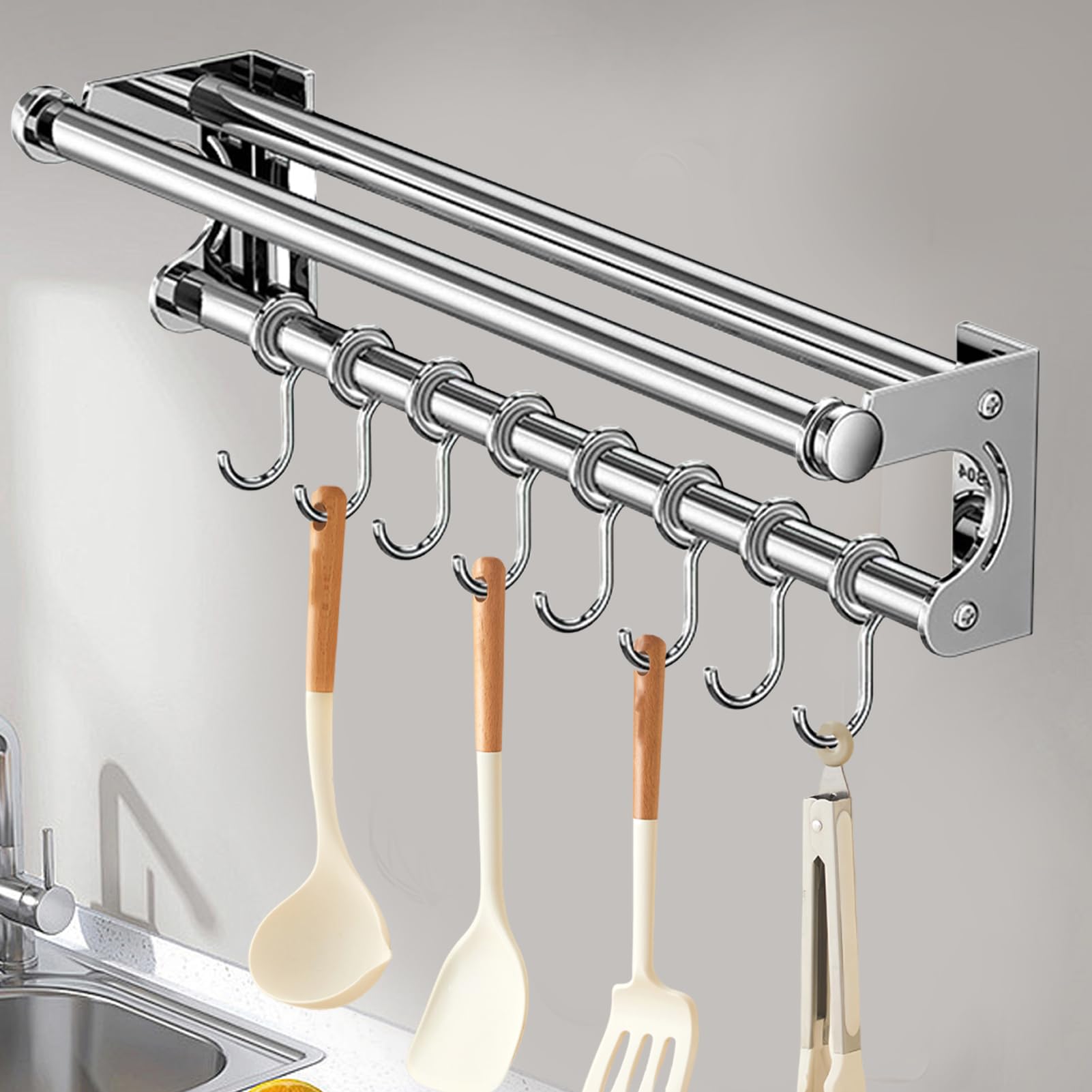 Edelstahl Schneidehalter mit Haken - Küchenschiene Organizer Wand | Bohrfreie Aufhängestange für Utensilien, Schöpfkelle, Schneebesen, Zangen | Backwerkzeugregal für Vorrat