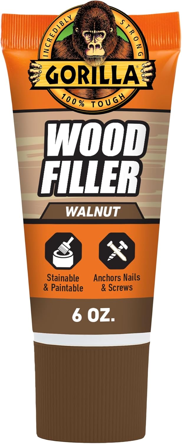 Gorilla All Purpose Wood Filler Walnut 6oz Tube - Water Resistant, Stainable, Sandable for Indoor Outdoor Wood Repairs