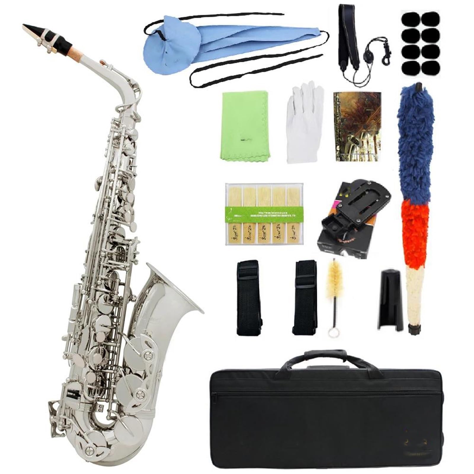Zestaw saksofonu altowego E w kolorze srebrnym korpus z mosiądzu rzeźbienie futerał pasek rękawiczki akcesoria do stroików Saksofon(Silver Alto Sax 1)