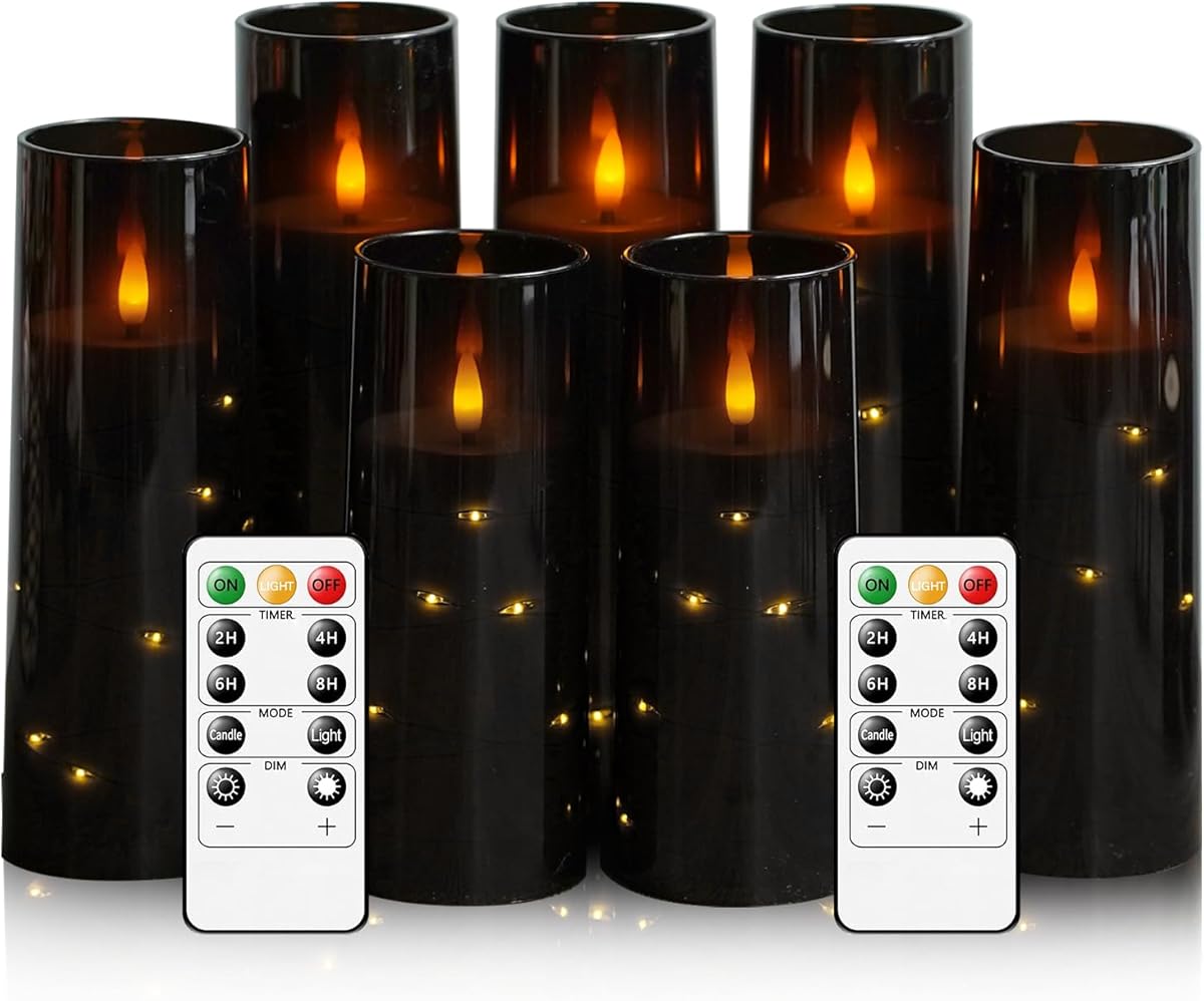 Flameless Candles with Embedded Star String, Battery Operated LED Pillar Candles with Timer and Remote Control,Home Decorating for Ambiance， Set of 7(Black)