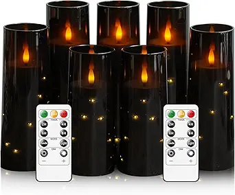 Flameless Candles with Embedded Star String, Battery Operated LED Pillar Candles with Timer and Remote Control,Home Decorating for Ambiance， Set of 7(Black)