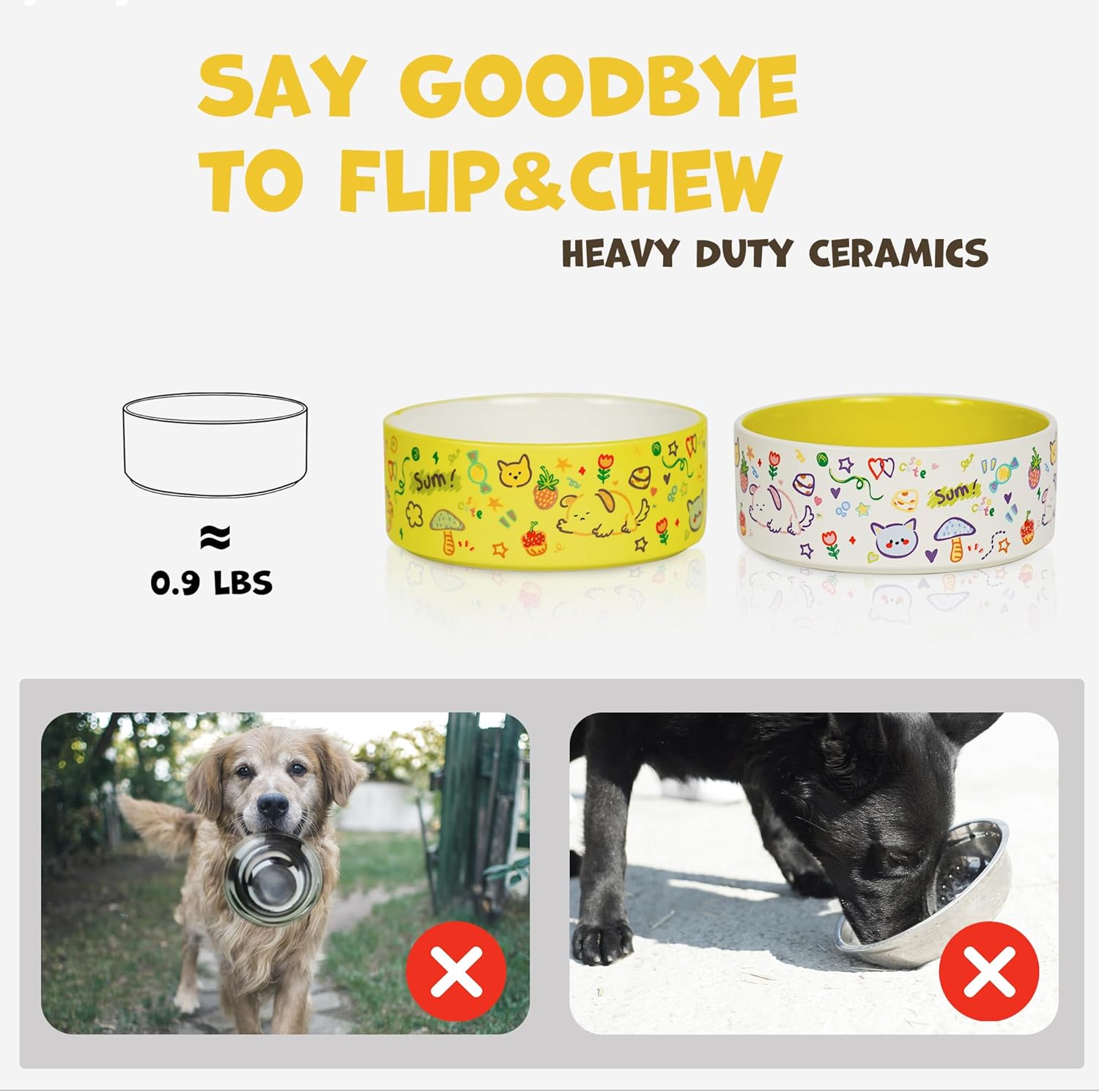 YOBRO Cute Ceramic Dog & Cat Bowl Set of 2, 5.2'' Food Bowl and Water Bowl for Small Dogs and Cats, 17 oz Non-Slip Puppy Bowls for Small Pets, Yellow & White