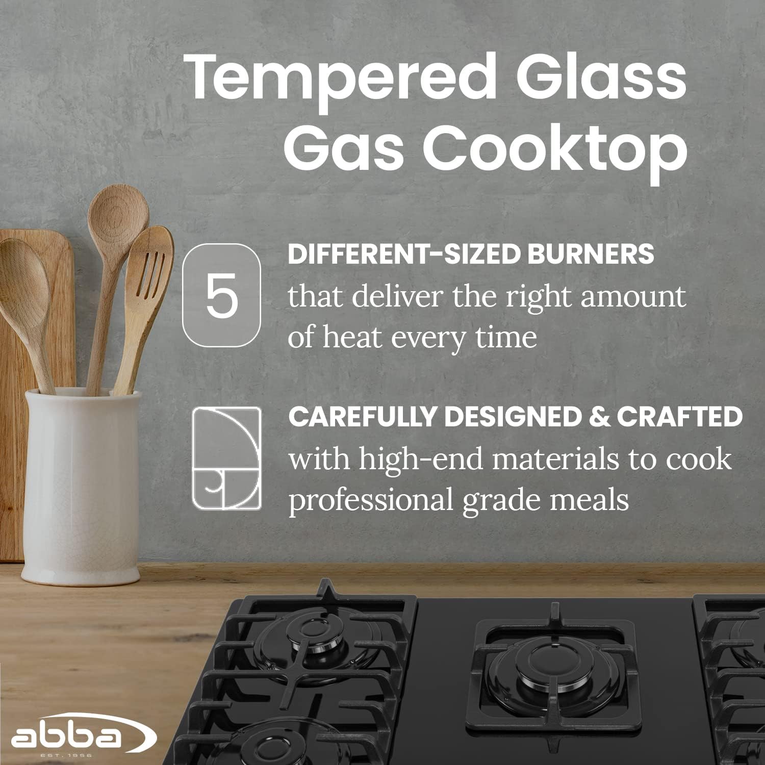 ABBA 36" Gas Cooktop with 5 Sealed Burners, X-Shaped Grate - Tempered Glass Surface with SABAF Burners, Natural Gas Stove for Countertop, Home Improvement Essentials, Easy to Clean, 36" x 4.1" x 20.5"