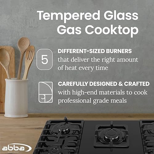 Miniatura 4 de ABBA - Placa de cocina de gas de 36 pulgadas con 5 quemadores sellados, rejilla en forma de X, superficie de vidrio templado con quemadores SABAF,