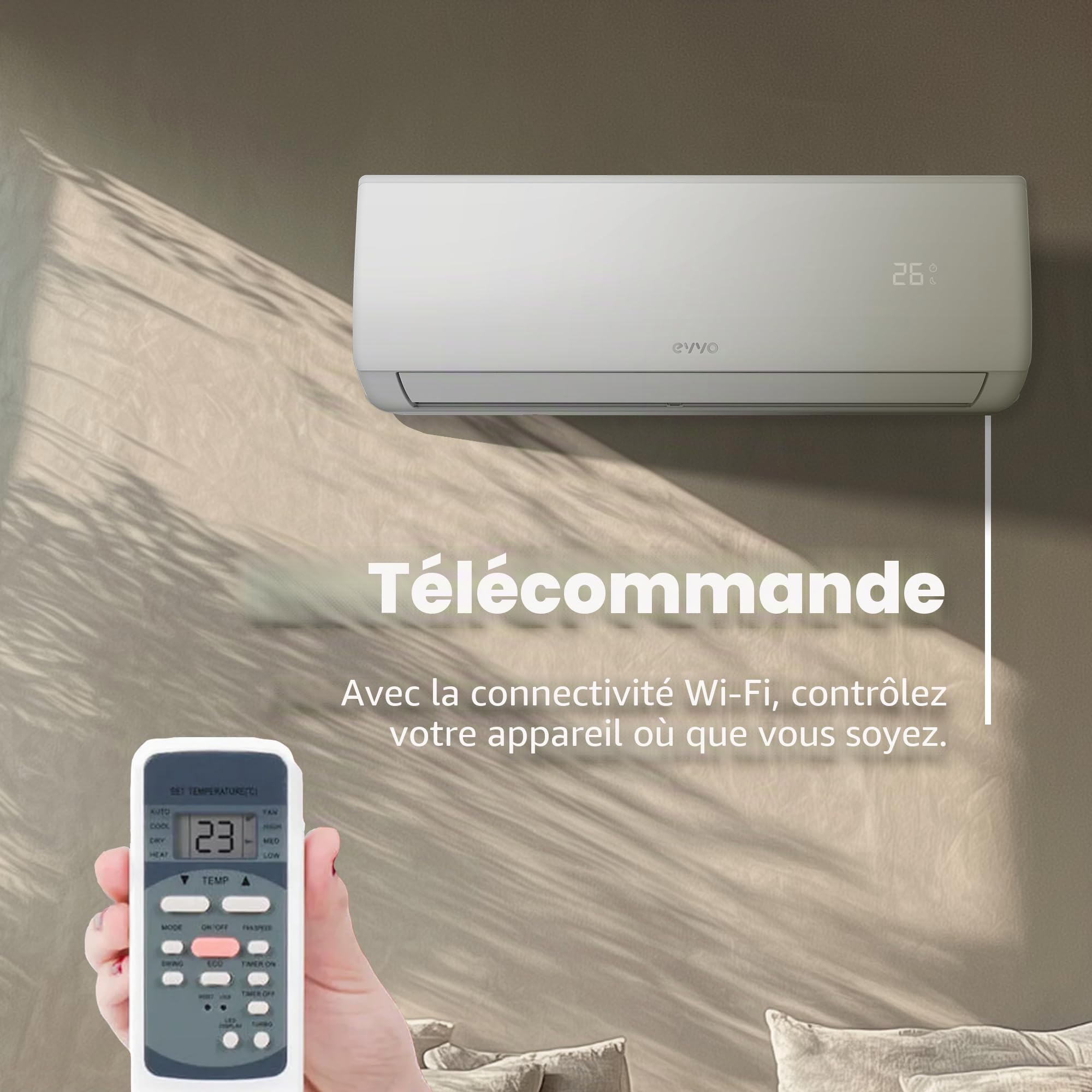 EVVO Climatiseur Split Clima Refroidissement et Chauffage, Connectivité WIFI, Moteur Inverter, Pompe à Chaleur, Classe A++/A+, Déshumidificateur, R32 (12 000 BTU)