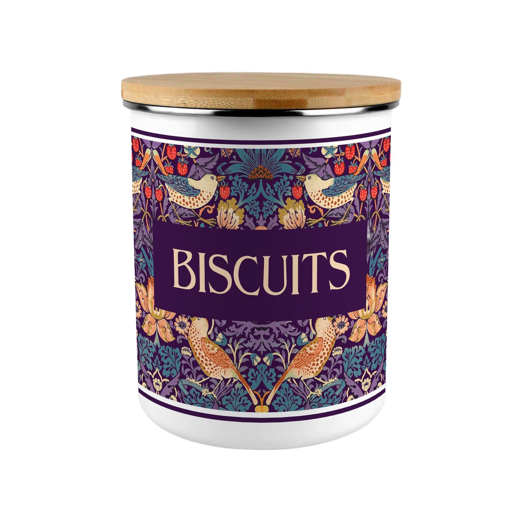 Purple Strawberry Thief Biscuits Storage Canister - Floral 2.7L Extra-Large Enamel Home & Kitchen Organisation Container