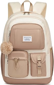 FIUAIESchool Backpack for Girls Laptop Bookbag: 15.6 Inch Cute College Backpacks for Teen Students Middle High School Bag Stylish Teenager Book Bag Casual Travel Back Pack for Women Girls Kids (Khaki-Beige)