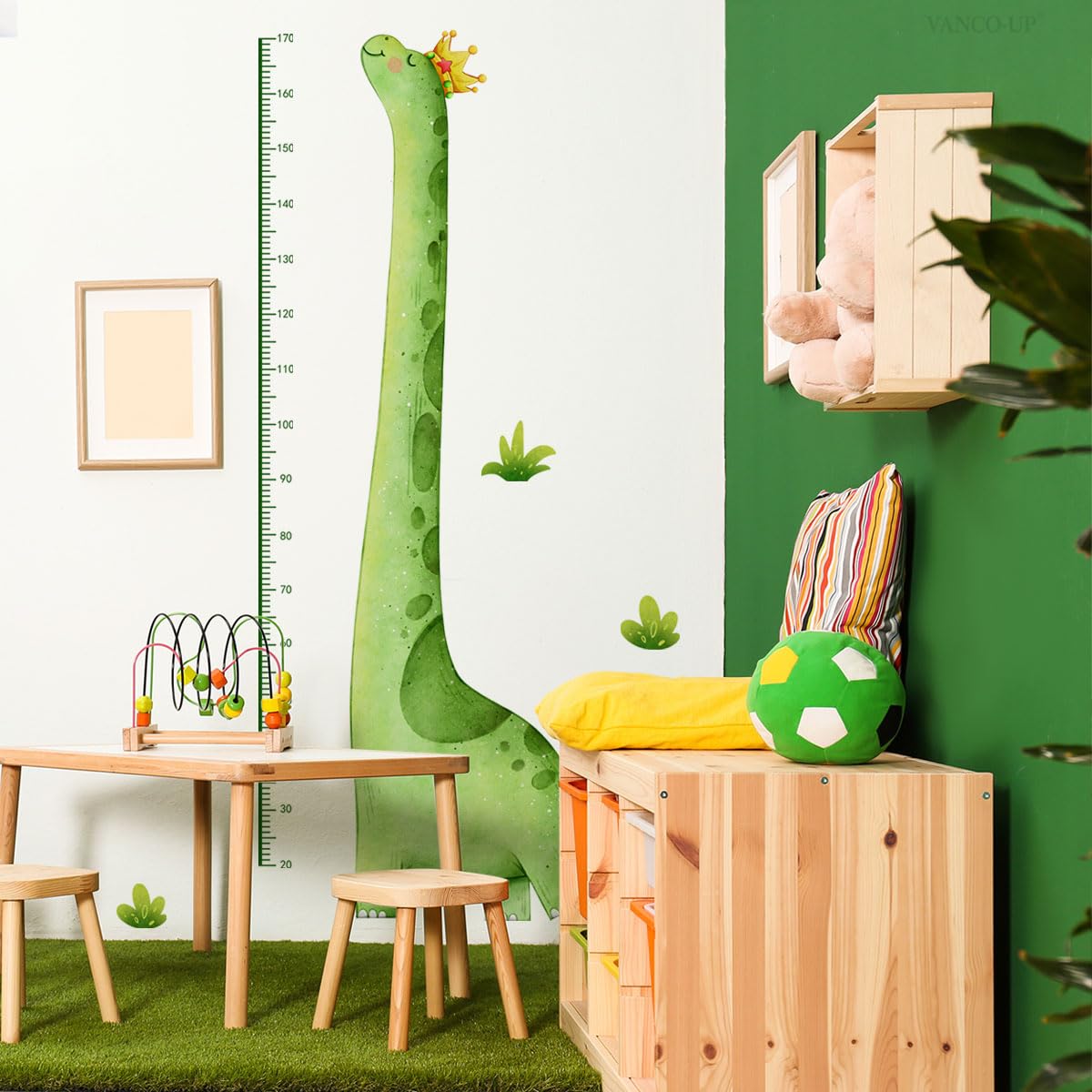 Calcomanía de pared con gráfico de crecimiento para niños, calcomanías de pared de dinosaurios verdes, tabla de altura extraíble para habitación de guardería (dinosaurio verde)
