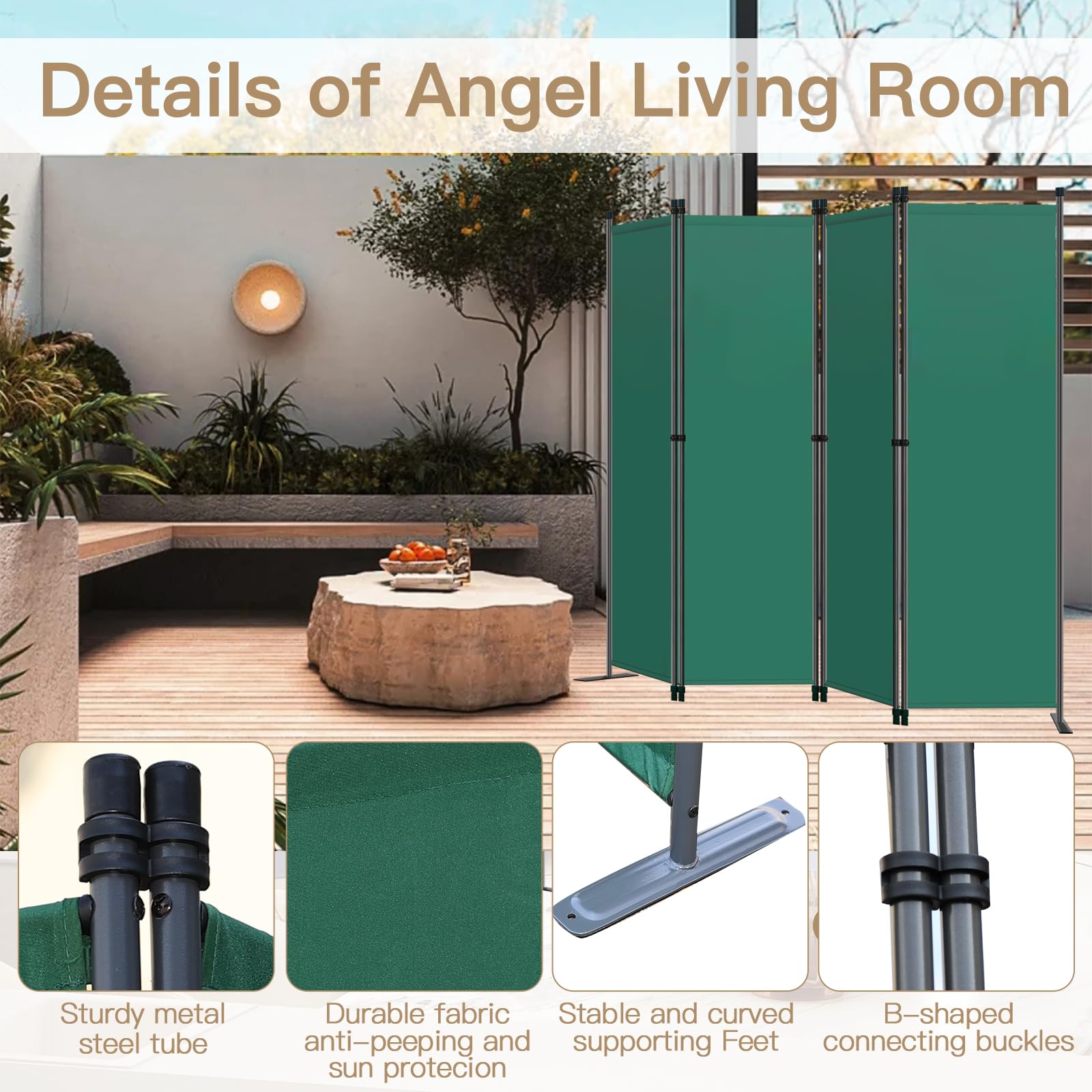 Angel Living Biombo Separador de 4 Paneles, Decoración Elegante, Separador de Ambientes Plegable, Divisor de Habitaciones, 224X165 cm (Verde)