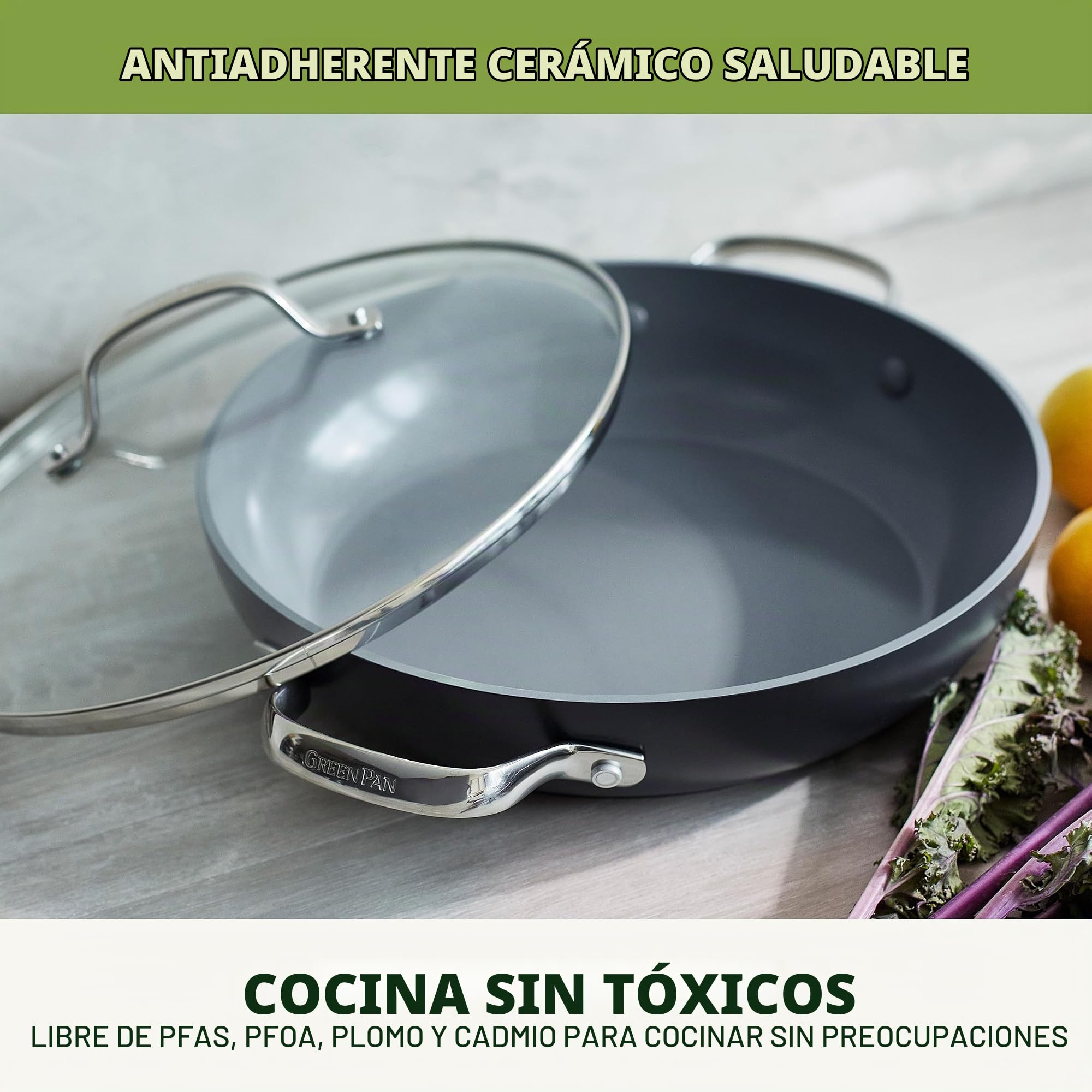 GreenPan Valencia Pro Sartén de 28 cm con Tapa, Cerámica Saludable Anodizada Dura, Sin PFAS, Inducción, Apta para Lavavajillas, Apta para Horno, Gris