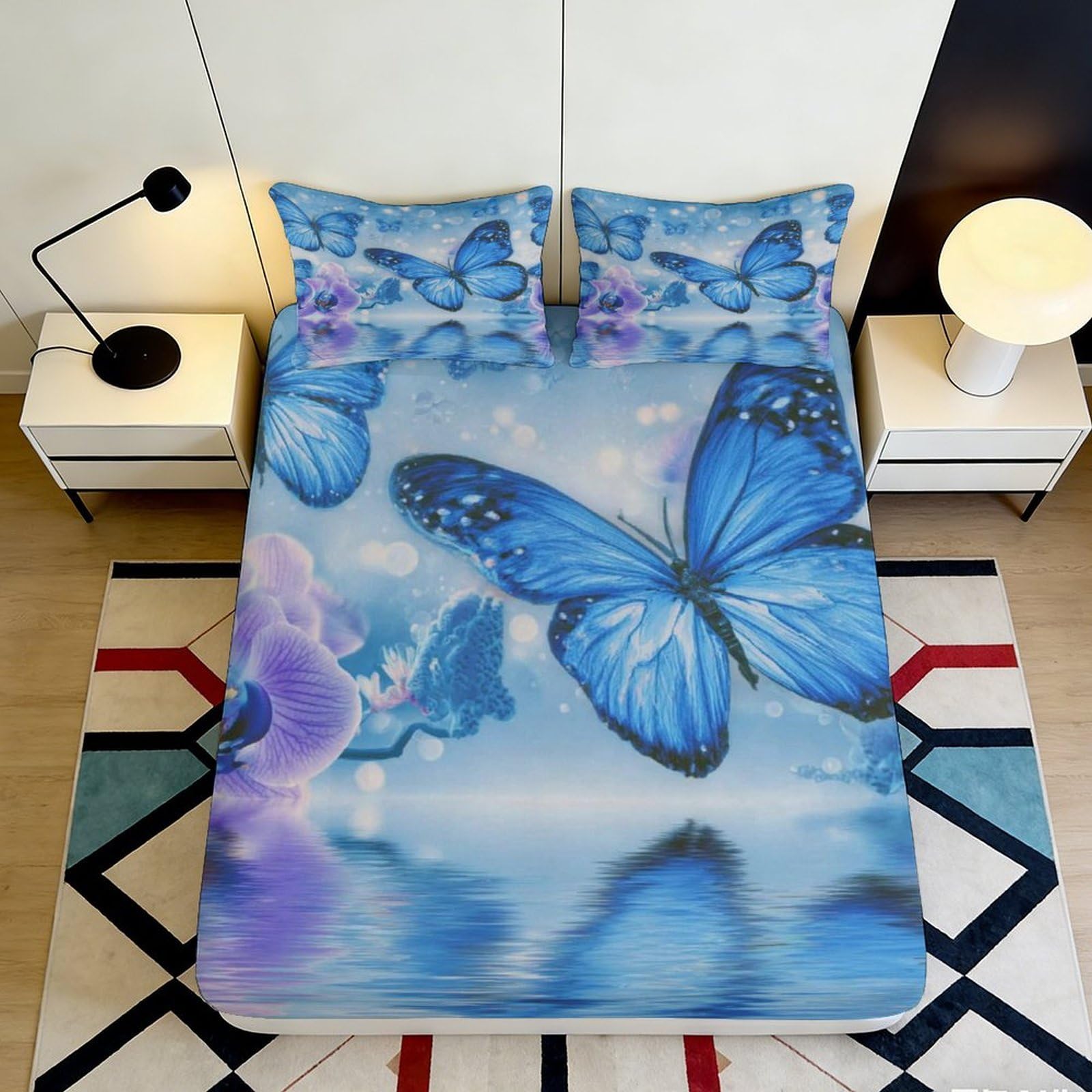 3D Printed Butterfly Fitted Sheet Microfiber Deep Pocket Non-Slip Full Wrap Butterfly Mattress Fitted Cover for Bedroom 90x200x25cm