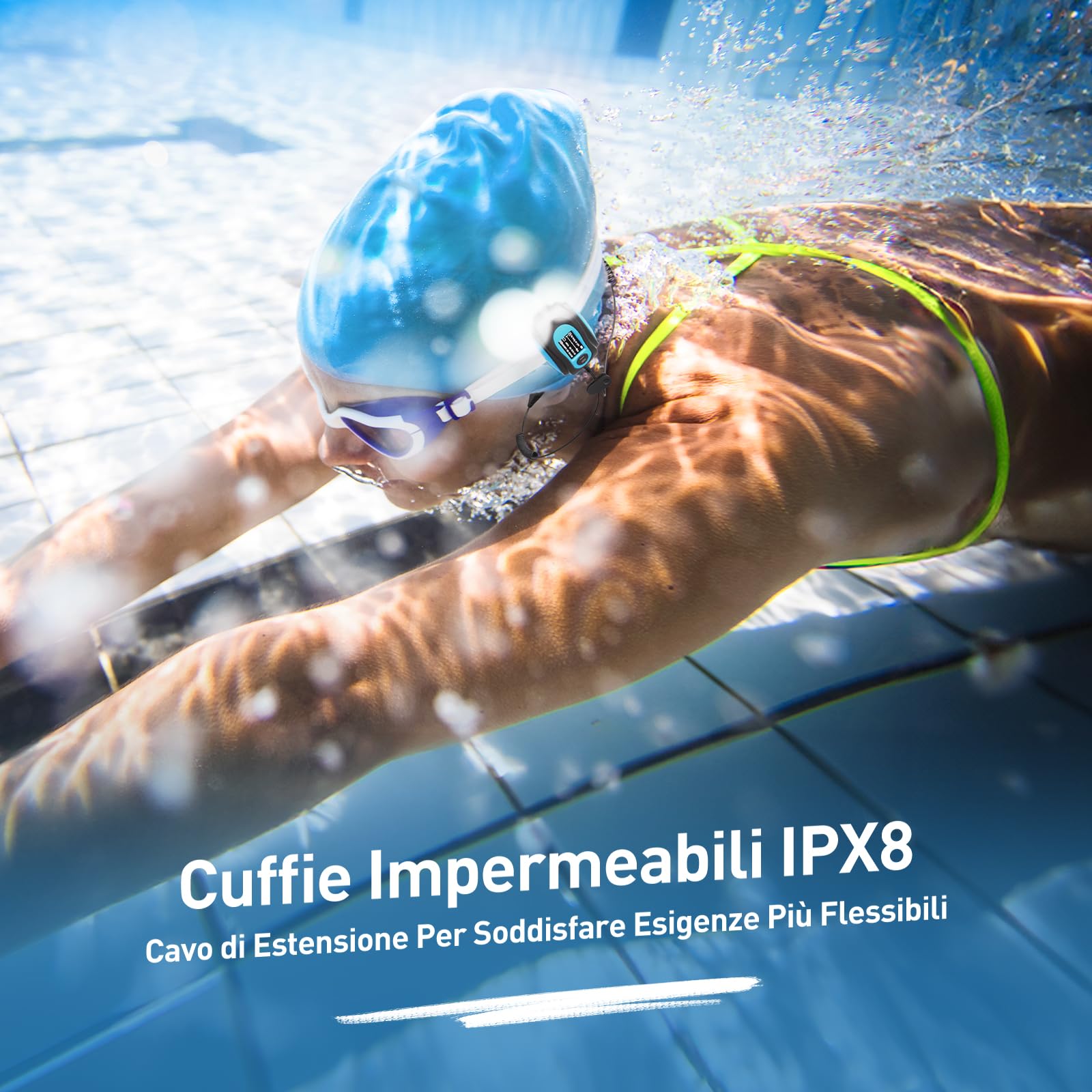 AGPTEK Lettore MP3 Impermeabile Subacqueo IPX8 con Clip Lettore Musicale da 8GB Nuoto MP3 con Auricolare,Cavo Audio e 3 paia di Tappi per le Orecchie,Supporta Radio FM,per Sport in Esecuzione Surf