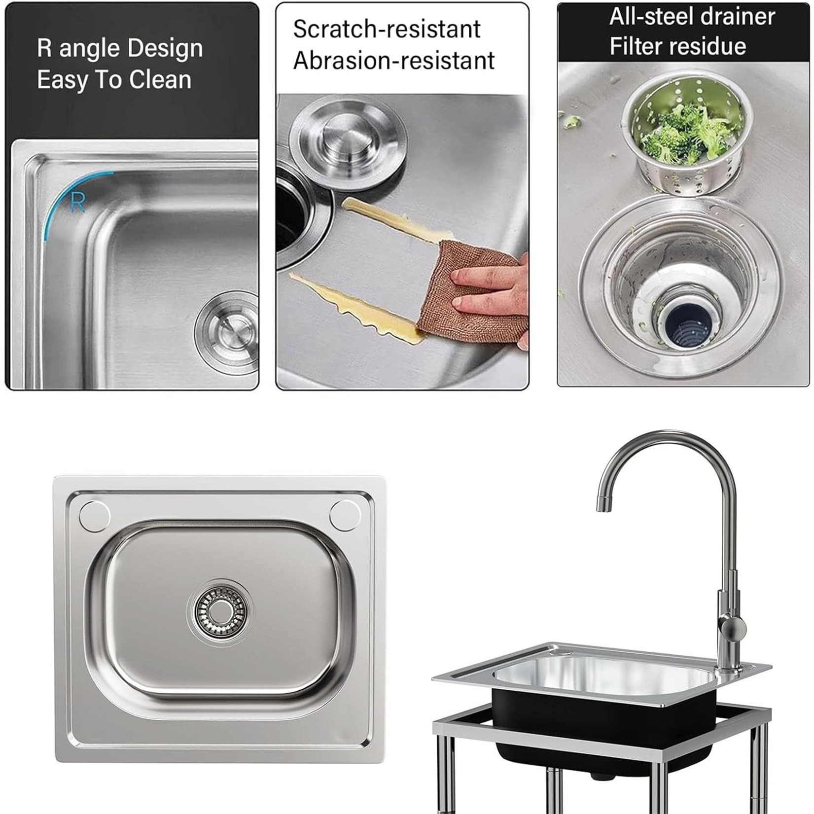 Lavello in Cucina Acciaio Inox Autoportante 42x37x82cm 1 Vasca Mobile Interno e Esterno Vasca singola Lavandino Commerciale per lavanderia, bar, garage o ristorante,Facile Da Pulir