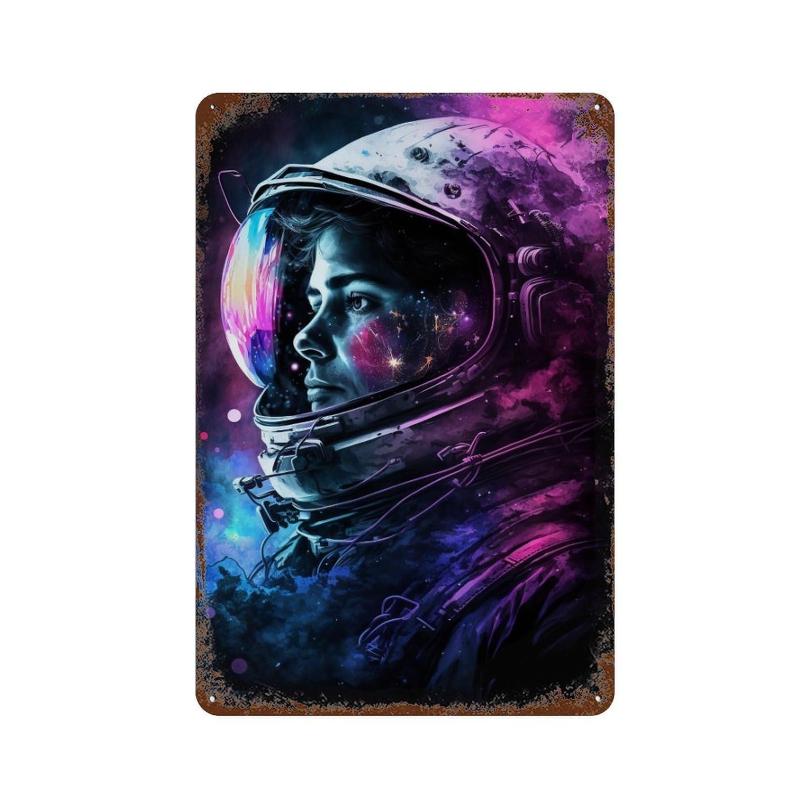 Weathered Tin Sign with Cosmic Astronaut Portrait-4 Design 11.8"x7.9", for Office, Studio And Wall Decor, Retro Wall Decor