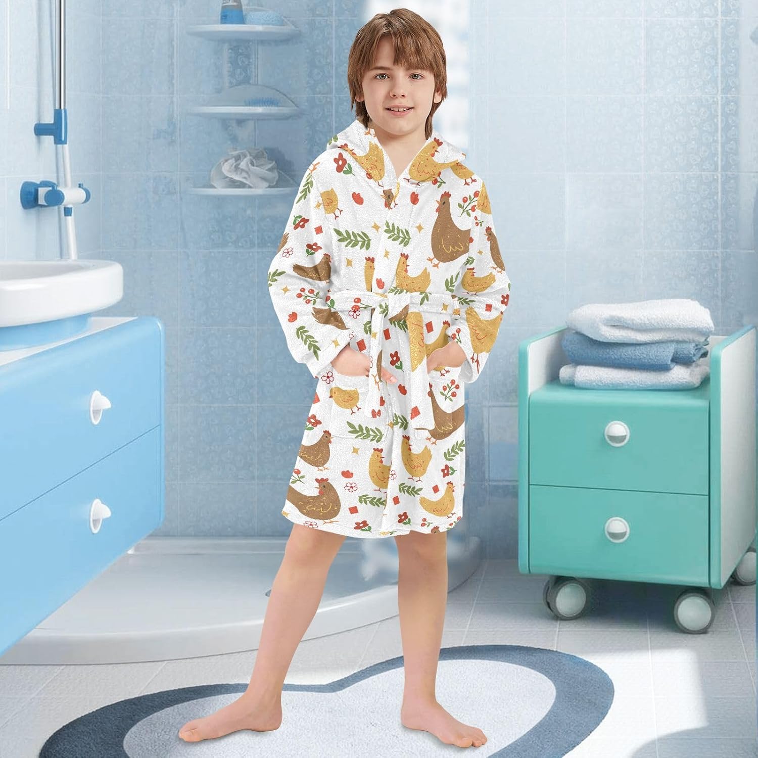 Cute Cartoon Chicken Prints Toddler Hooded Bathrobe for Boys Girls Soft Plush Bath Towel Robe 2-12 Years