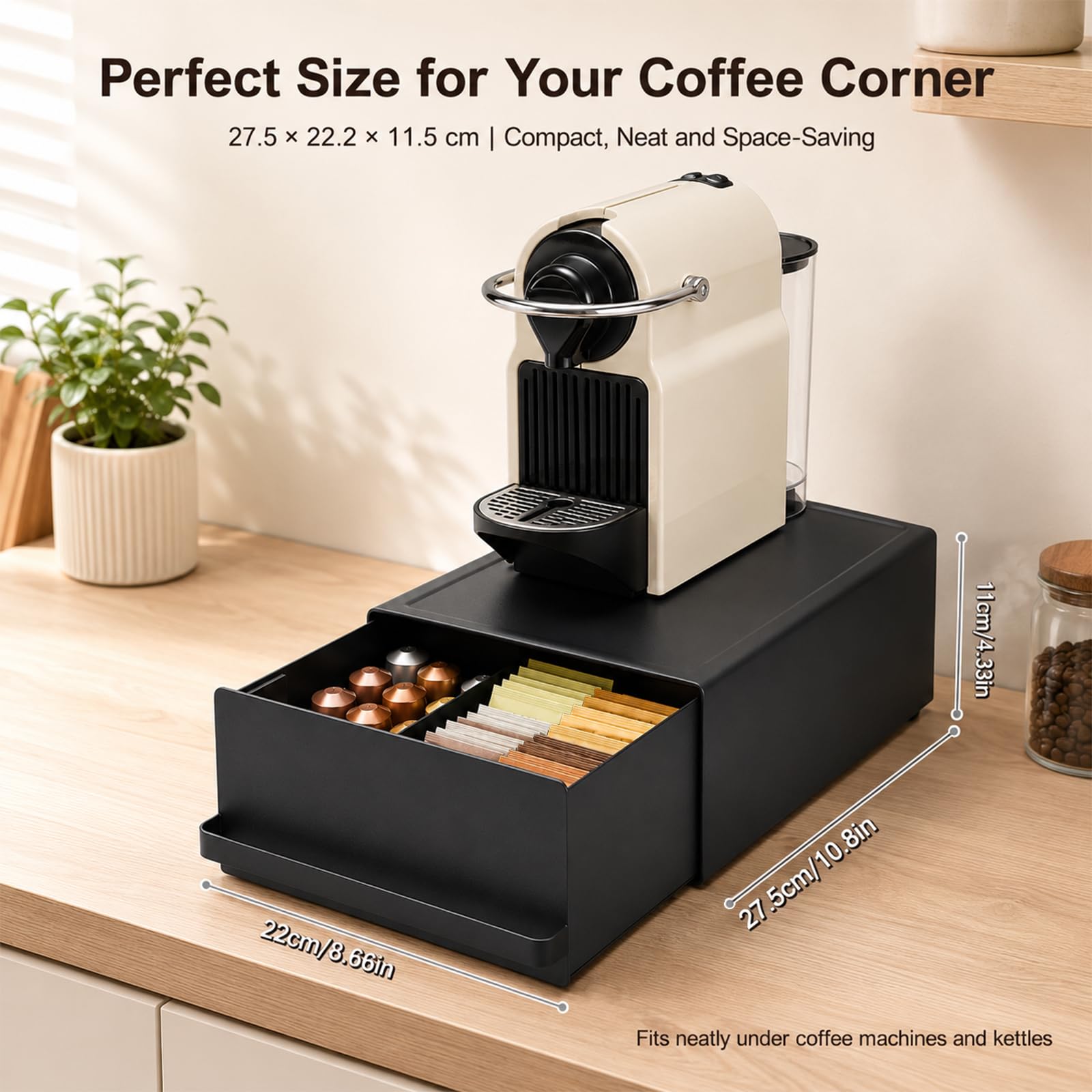 Contenitore per capsule da caffè (27,5 x 22,2 x 11,5 cm) con cassetto, realizzato in acciaio al carbonio, capacità di carico di 11 lbs,organizer per macchina da caffè, mixer, bollitore