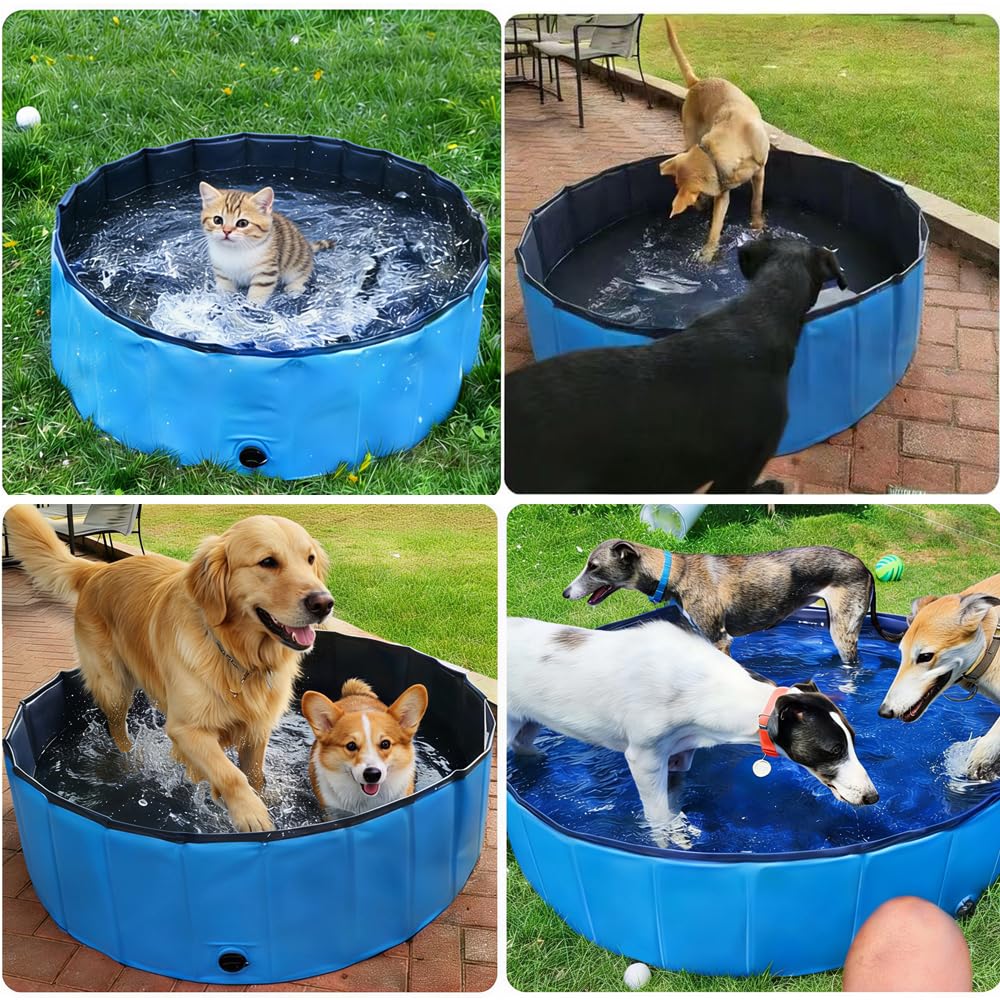 Hundepool 120x30 Faltbar, Hundeplanschbecken, Keine Pumpe benötigt, aus kratzfestem PVC-Material, Anti-Rutsch-Belag & schnelle Entleerung, Hundebadewanne mit Badebürste Ablassventil PVC-Aufnäher x 4