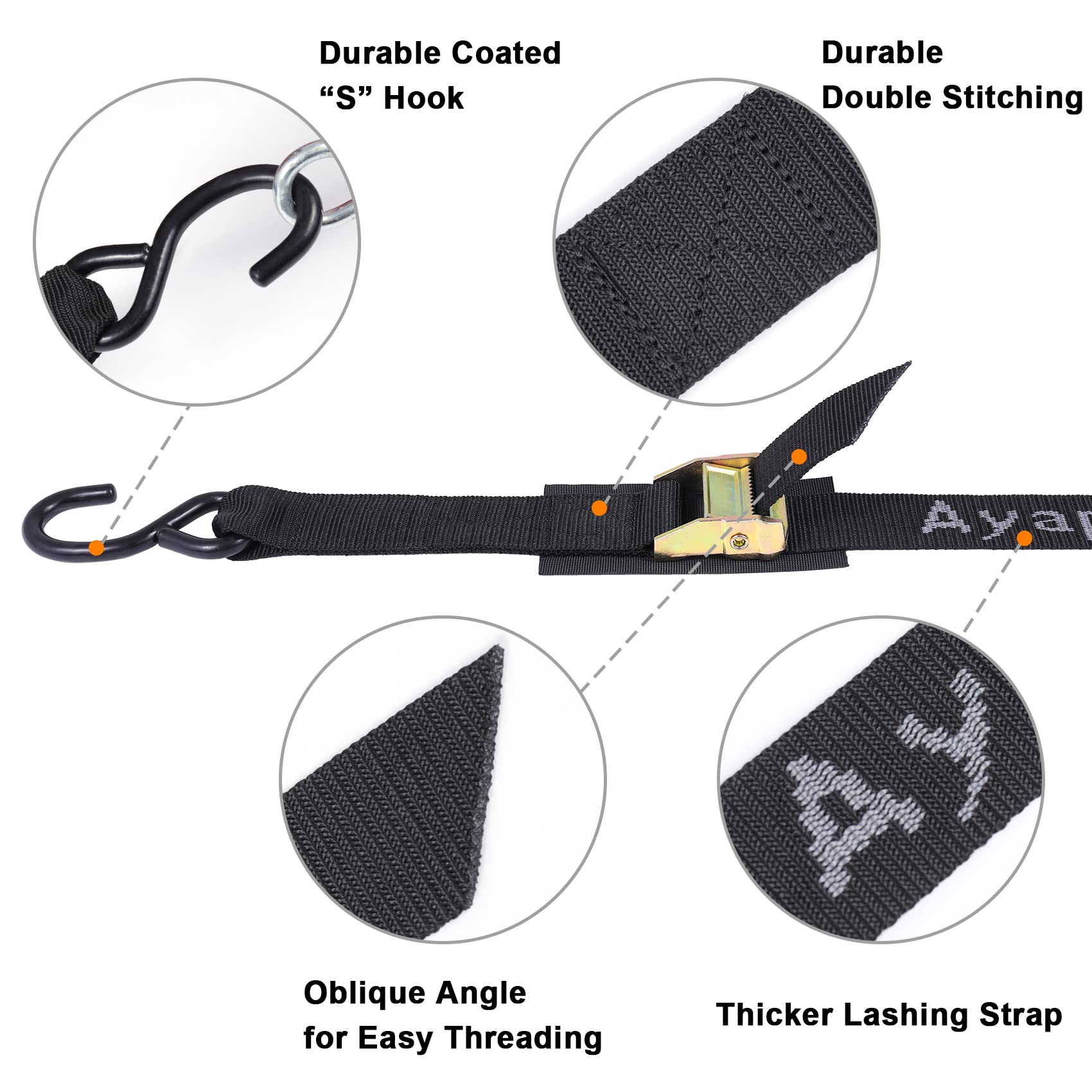 Ayaport Cam Buckle Strap 8 feet Tie Downs 3000lbs Break Strength Securing Straps with S Hooks, Black, 1.5in x 8ft - Image 2