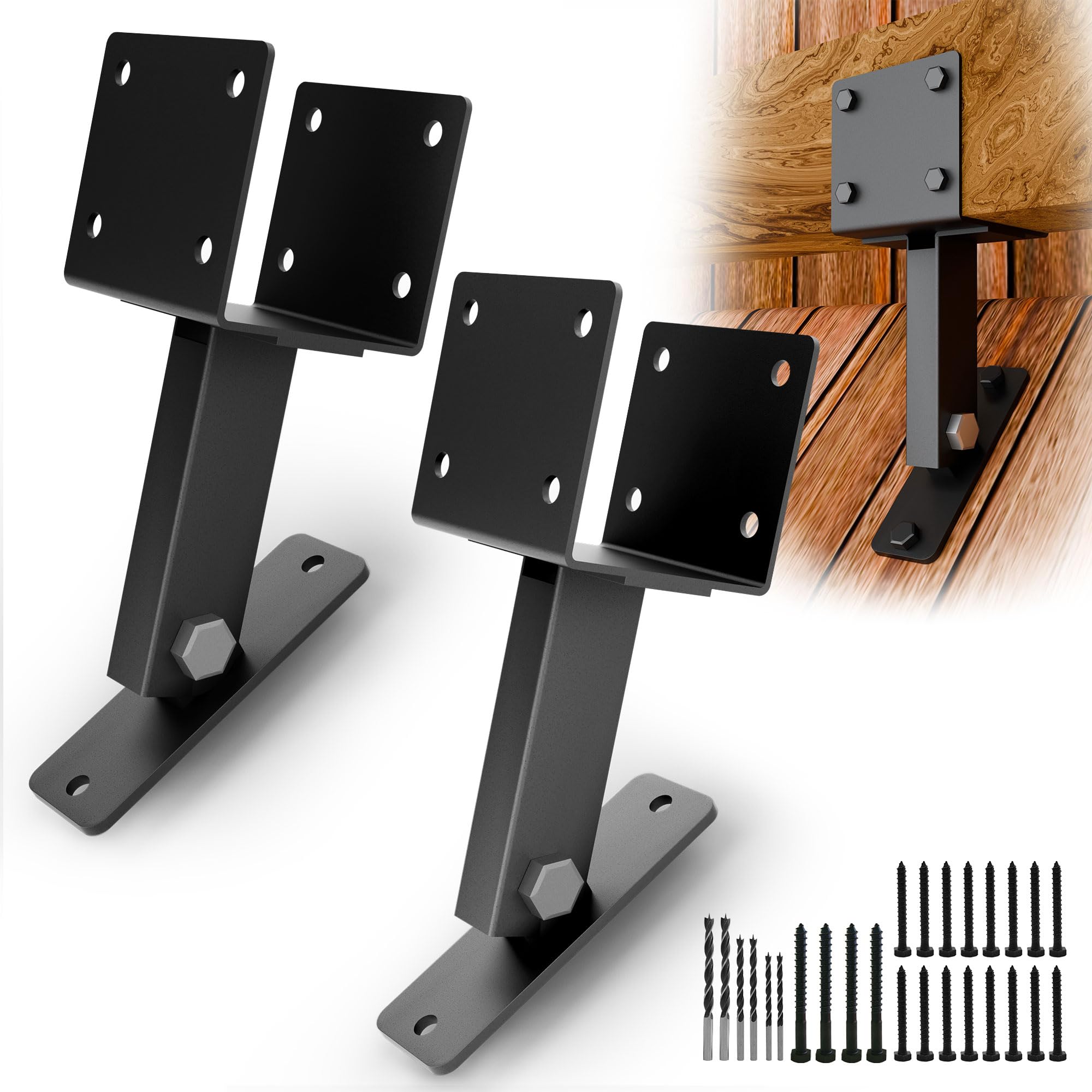 Heavy Duty Metal Brackets for Gazebo Roof Posts - Adjustable 90° Support for 4x4/4x6 Lumber, Wind &amp; Snow Resistant, Includes Screws &amp; Drill Bits, Black (2Pcs)