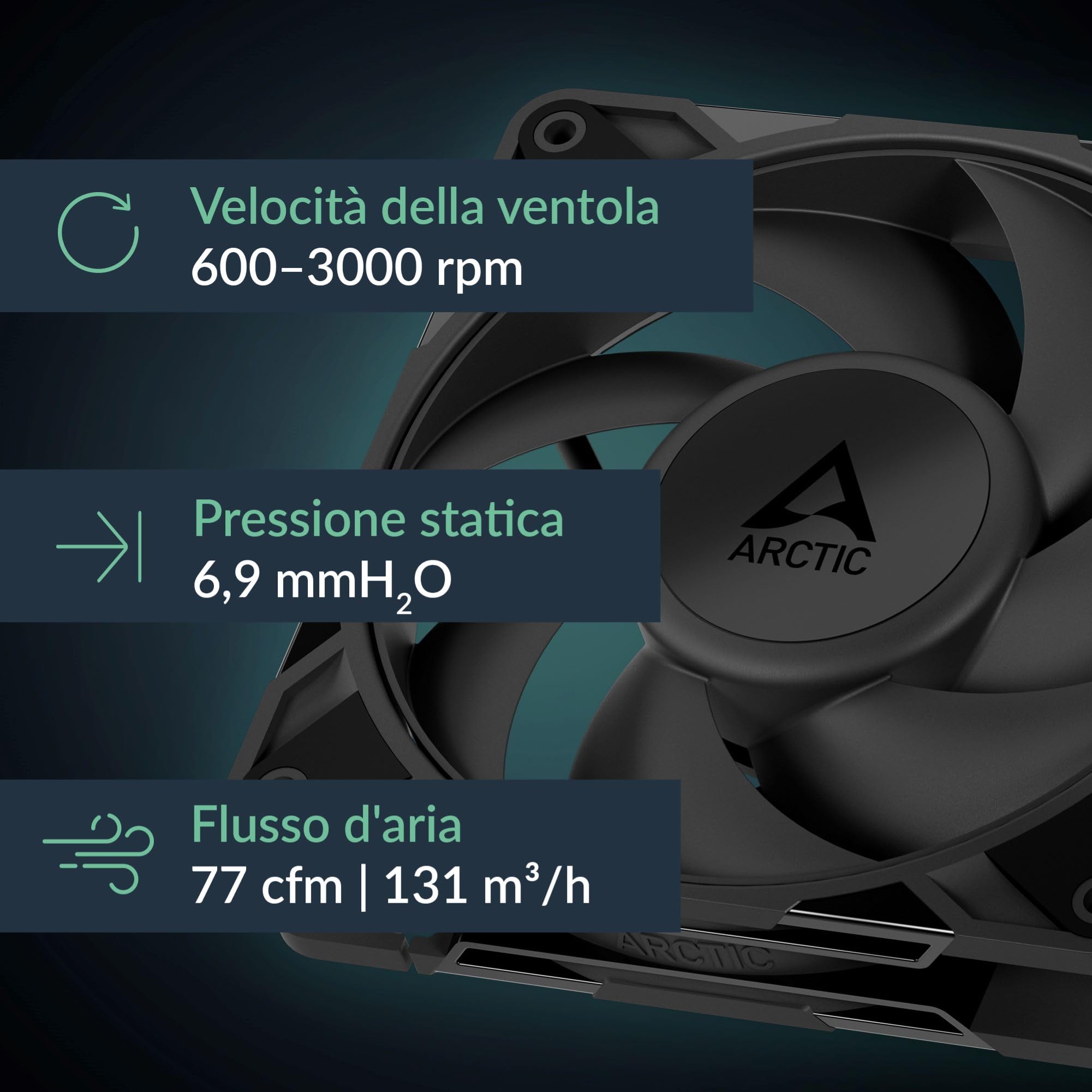 ARCTIC P12 Pro PST (5 Pezzi) - Ventola Potente Premium, Ventola PWM da 120 mm con Sdoppiatore per Cavi a Y, 600-3000 rpm, 0 rpm <5% PWM, Cuscinetto Idrodinamico, a 4 Pin - Nero