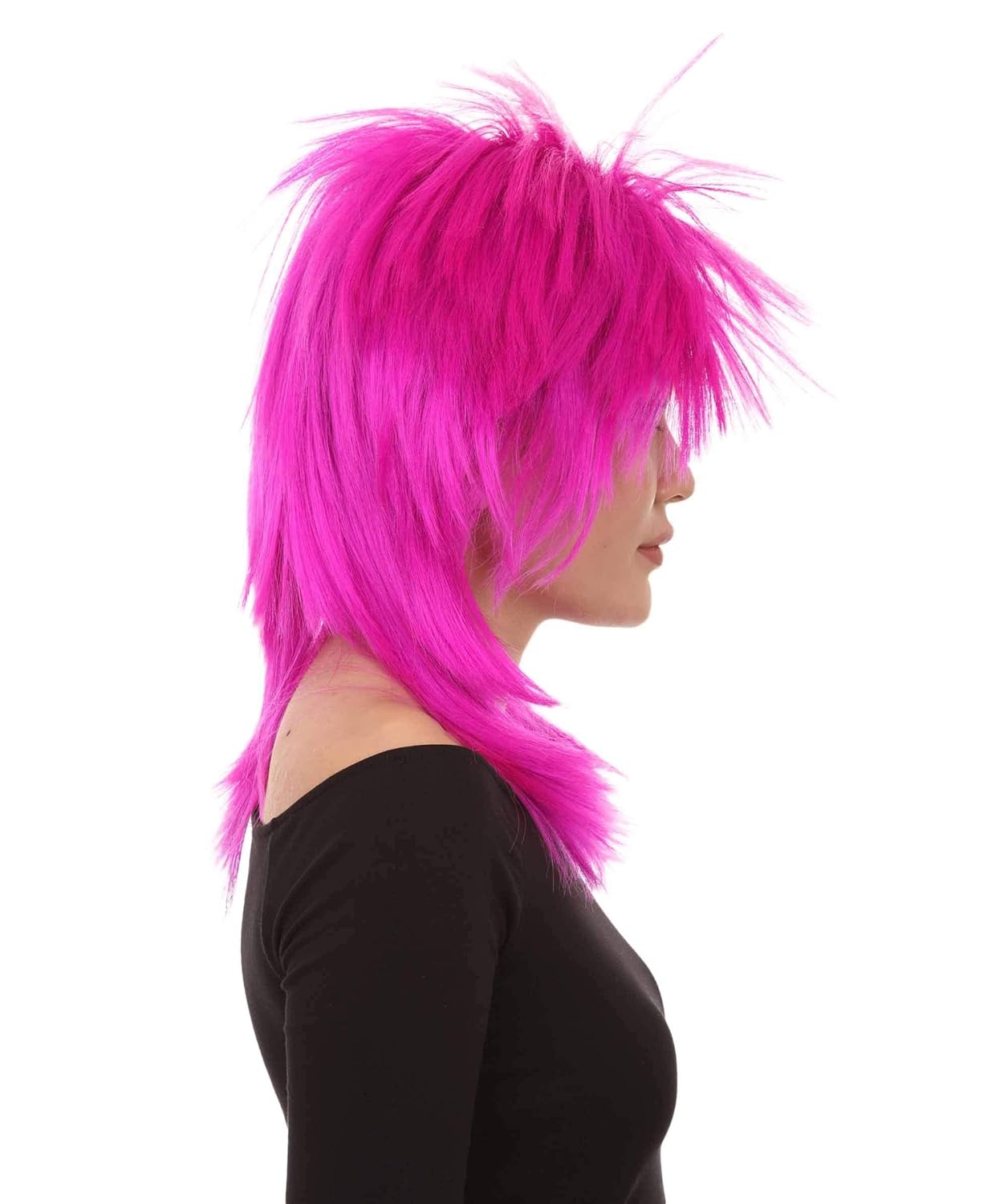 HPO Adult Women 80's Punk Metal Rocker Mullet Wig, Multiple Color Option, Flame-retardant Synthetic Fiber (Neon Fuchsia)