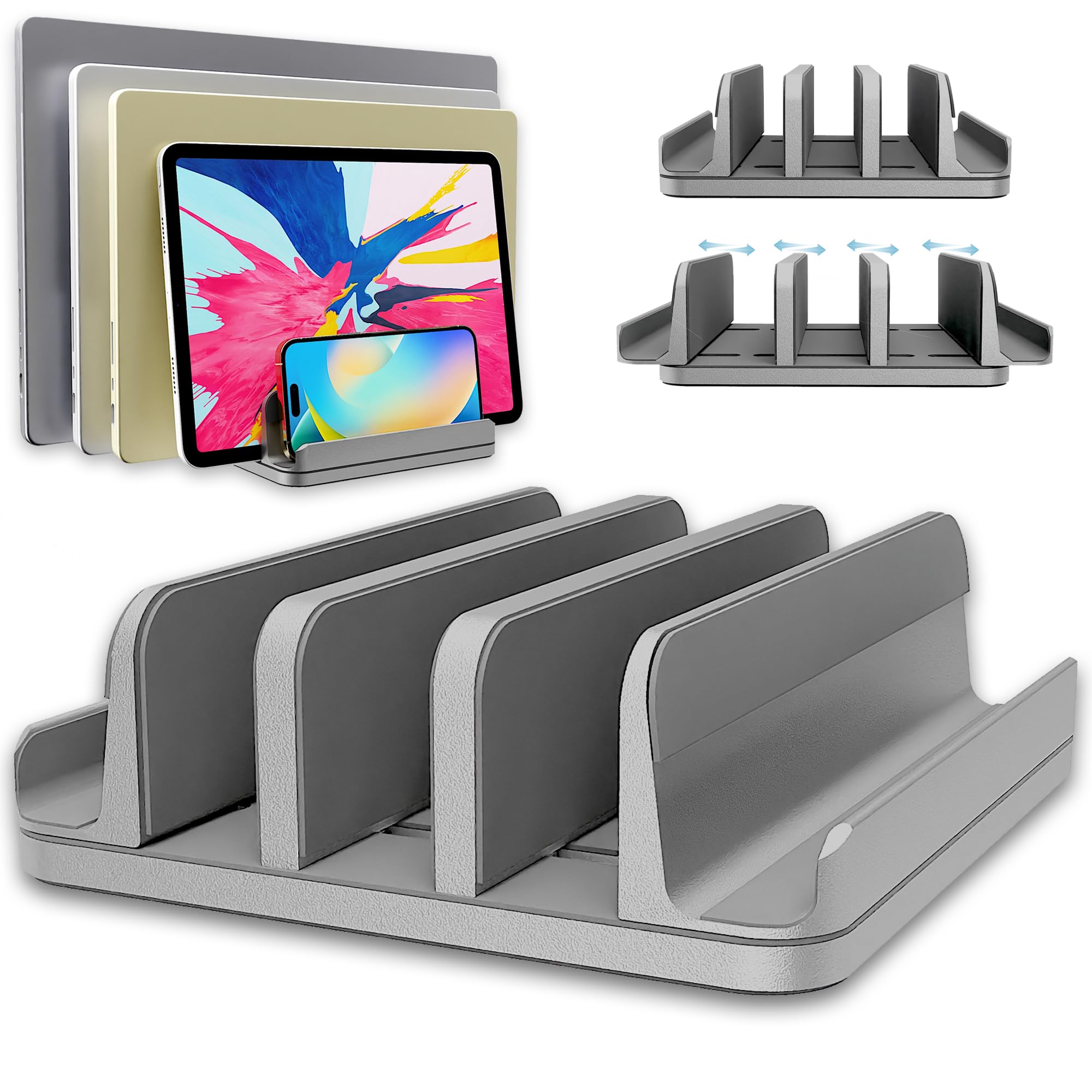 TEFONIA Vertical Laptop Stand Holder 5 Slots, Aluminum Space-Saving Laptop Holder, Adjustable Size Dock Tabletop Desk Organizer 3 Slot + 2 for Apple MacBook/Surface/PC/Tablet/iPad/iPhone (Space Gray)