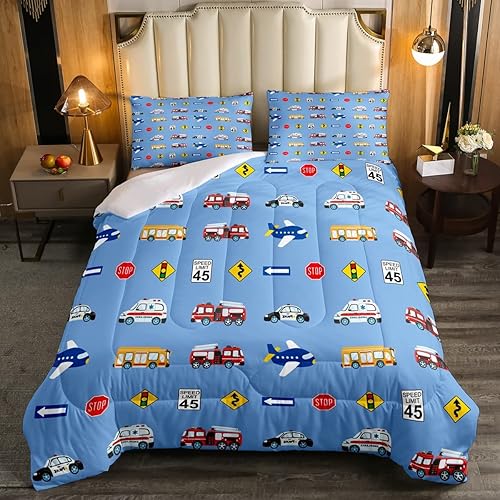 Miniatura 1 de Juego de edredón de dibujos animados para niños, edredón de plumón de coche de policía para niños, tamaño individual, avión, camión de bomberos,