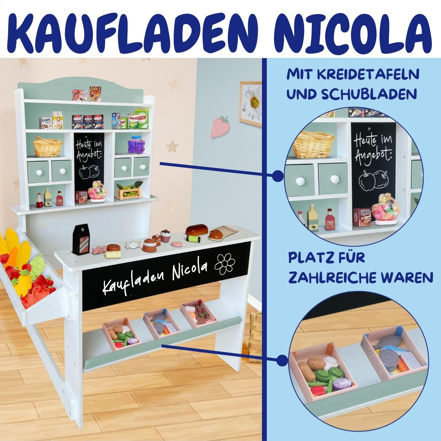 Nicola Magasin de Marchand en Bois pour Enfants - Comptoir de Vente, Tableau, comptoir latéral et tiroir - Vert