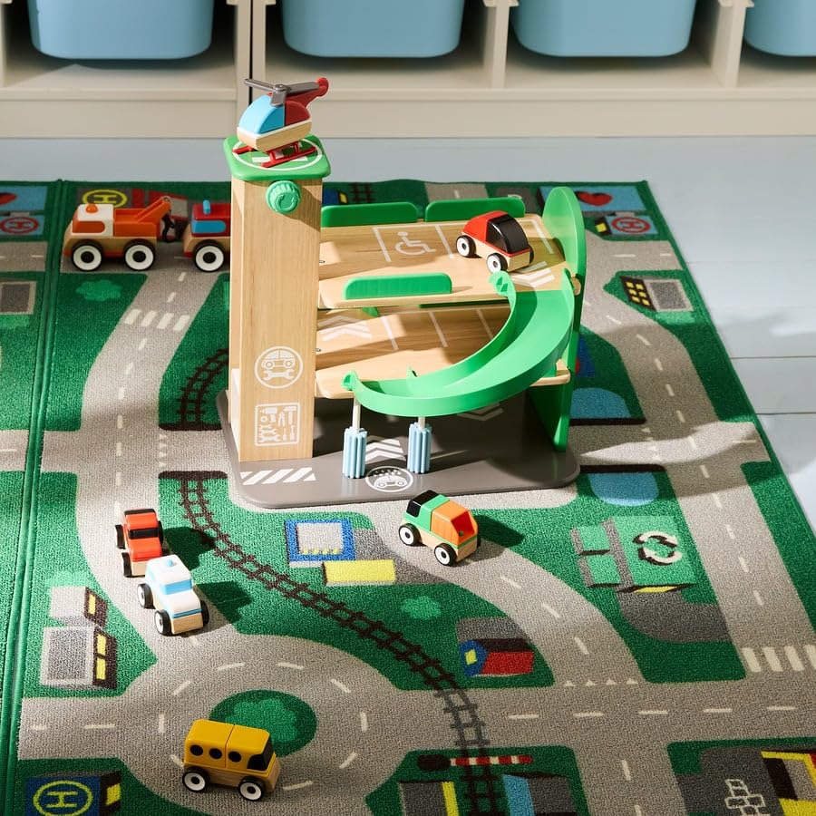 Image of LILLABO Garage Playset with Car and Helicopter, Multicolour Wooden Toy Set for Kids, Includes Parking Garage, Vehicles & Helipad, Encourages Imaginative Play and Motor Skills