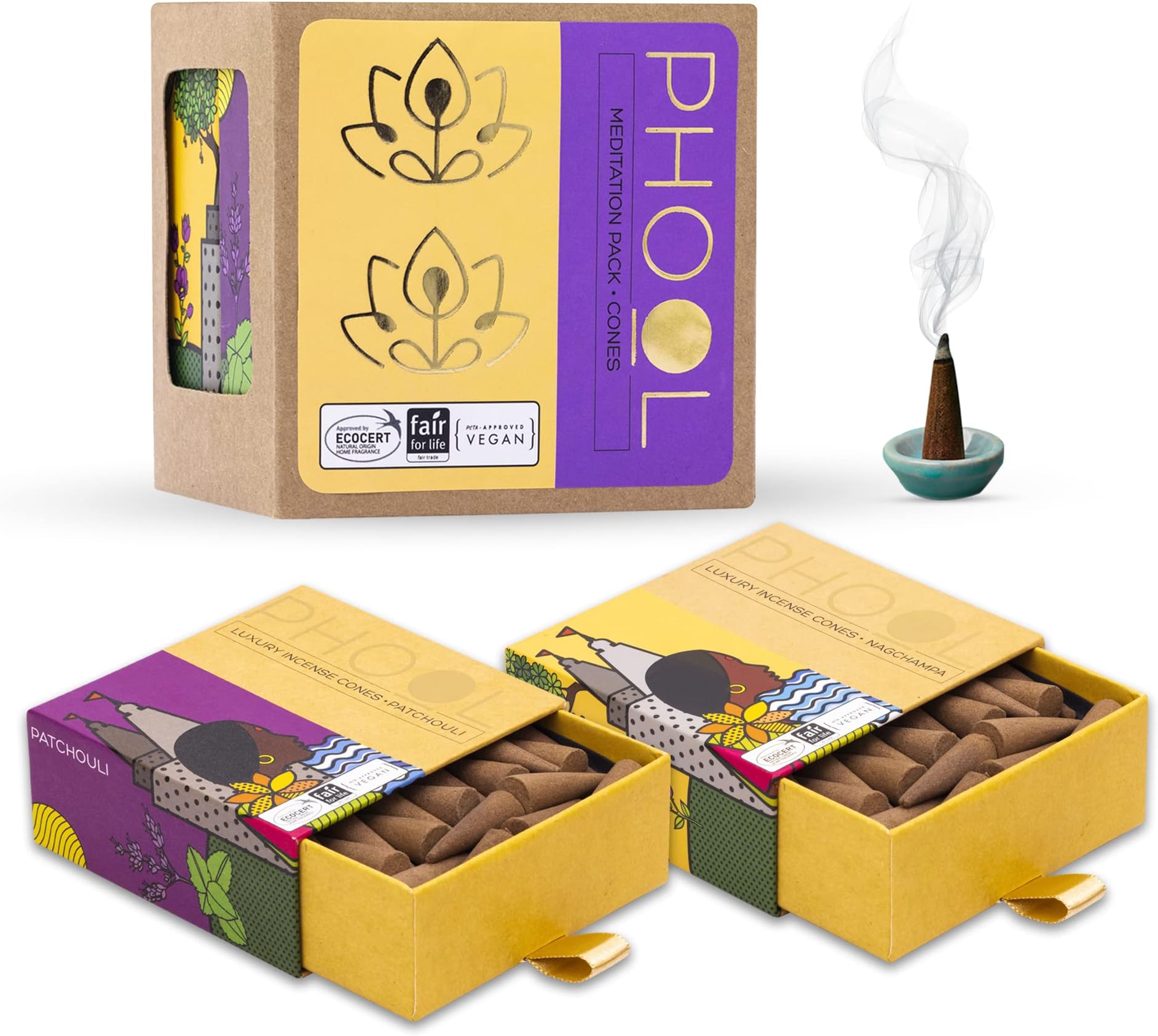 Pack Of 2 Natural Incense Cones, Meditation Pack - 80 Organic Dhoop Cones | Fragrances - Nagchampa & Patchouli | Dhoop Cones For Pooja | Free Dhoop Stand Inside