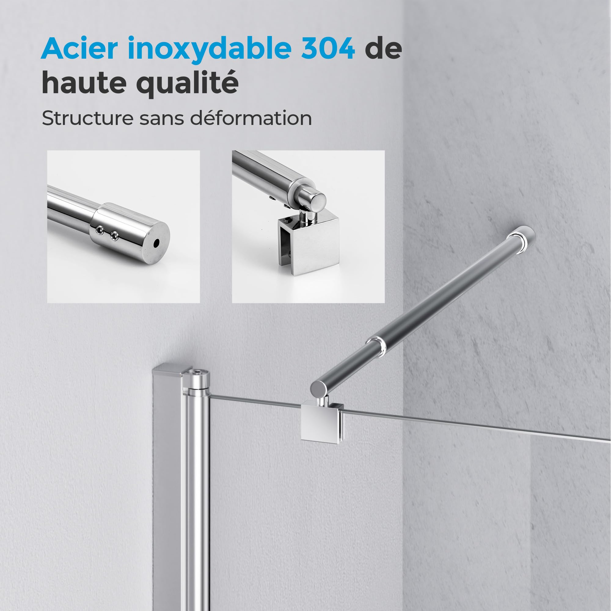 Heilmetz Barre de support de douche,rétractable 70-123 cm, barre de stabilisation ronde pour douches，pour verre de 8-10 mm d'épaisseur, acier inoxydable chromé(1 pièce)