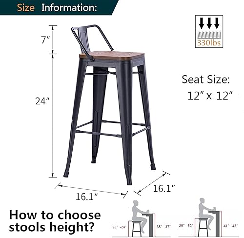 Miniatura 54 de Alunaune Juego de 4 taburetes de bar de metal de 26 pulgadas, taburetes de bar de altura de mostrador negro mate, sillas de barra industriales con