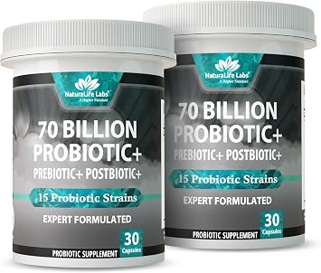 NaturaLife Labs Probiotics 70 Billion CFU 15 Strains + Organic Prebiotic & Postbiotic 3-in-1 Gut & Digestive Support Supports Occasional Bloating Women & Men Vegan 30 Caps 2 Pack
