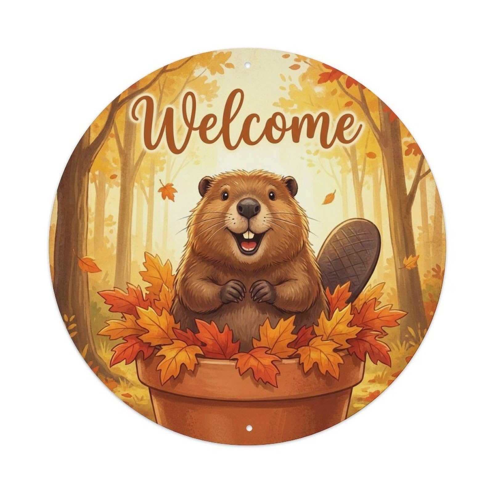 Welcome Beaver Autumn Leaves Metal Tin Sign