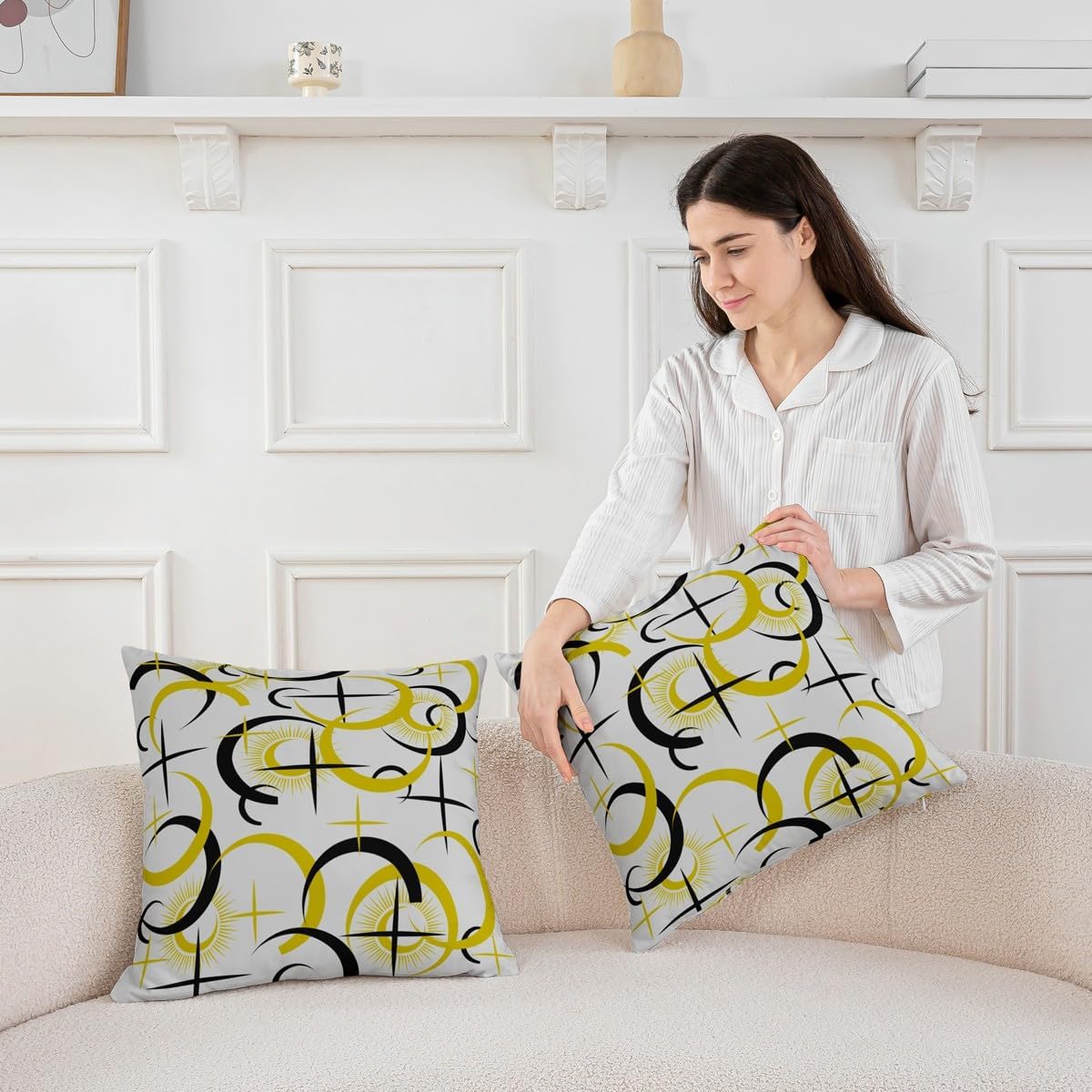 Feelyou Circle Pillow Cases Cushion Covers Geometric Throw Pillow Covers 24"x24" Set of 2 Modern Abstract Art Decorative Throw Pillowcases Luxury Stripe Lines Yellow Black Grey Decor Cushion Cases