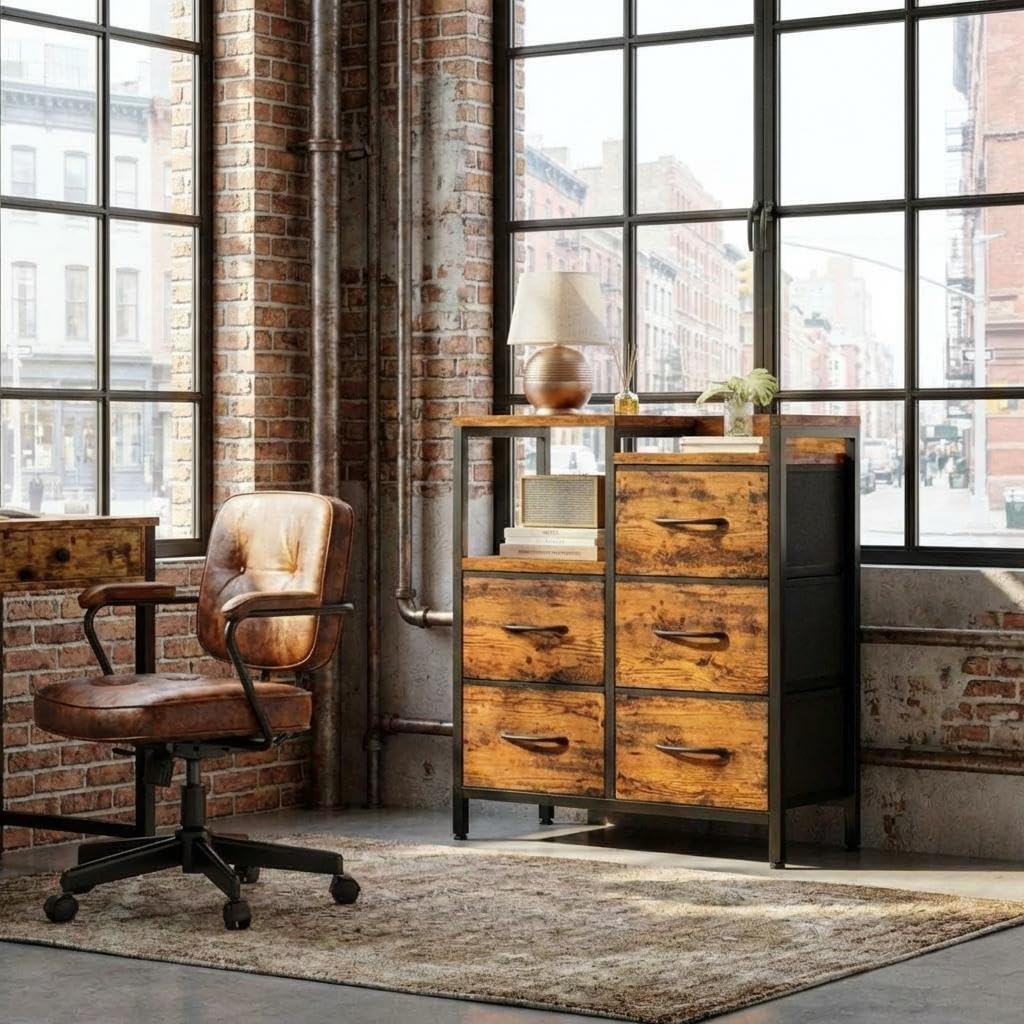 Garvee 5 Schubladen Rollcontainer Aktenschrank Druckerständer Mobil Holz | A4 & Letter Format, Offenes Ablagefach, Vliesstoff-Schübe, 360° Rollen, Bremse, Platzsparender Organizer, Stabiler Rahmen
