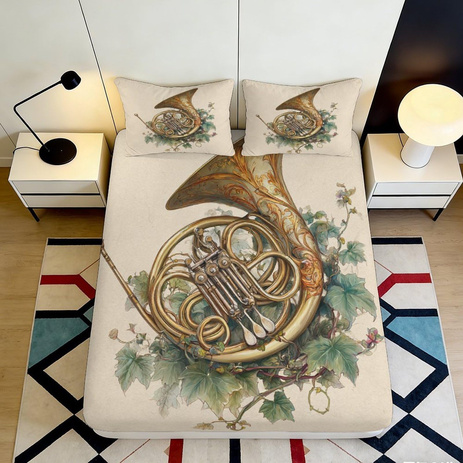 3D Printed French Horn Fitted Sheet Microfiber Deep Pocket Non-Slip Elastic Hem French Horn Mattress Fitted Cover Bedroom 140x200x25cm