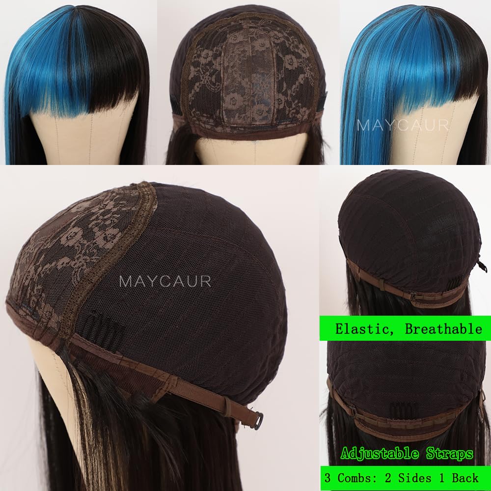 Maycaur Women's Black Blue Ombre Synthetic Wig with Full Bangs, 21-23.5 Inches