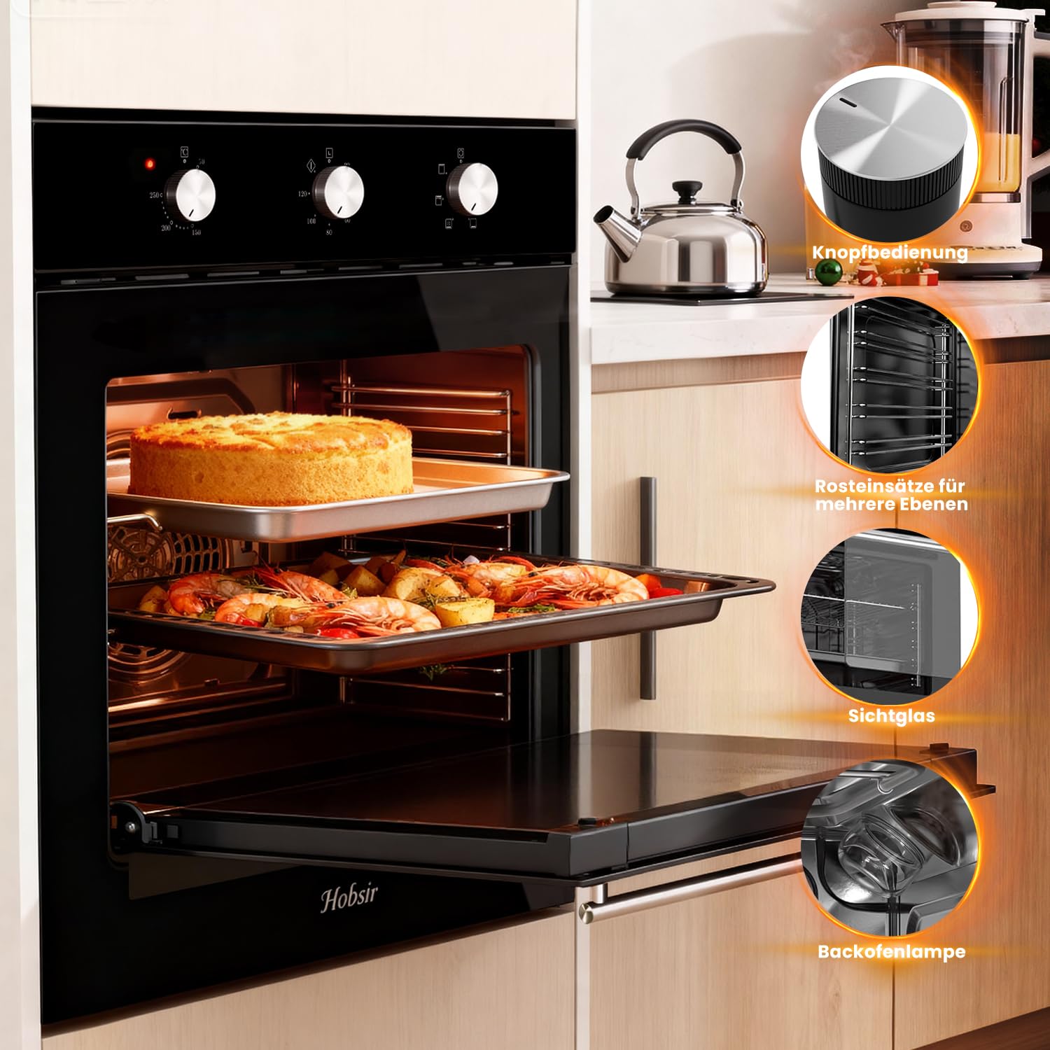 Hobsir 60 cm Einbaubackofen mit 60 L Volumen, Drehknopfsteuerung, 2200 W – Multifunktionsofen mit 6 Garprogrammen, Timer bis 120 Min, ideal für Profis und Einsteiger