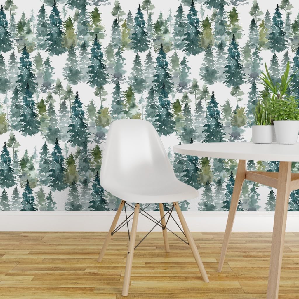 Removable Wallpaper 6ft x 2ft - Woodland Pine Trees White Winter Christmas Snowy Watercolor Green Holiday Forest Custom Pre-Pasted Wallpaper by Spoonflower