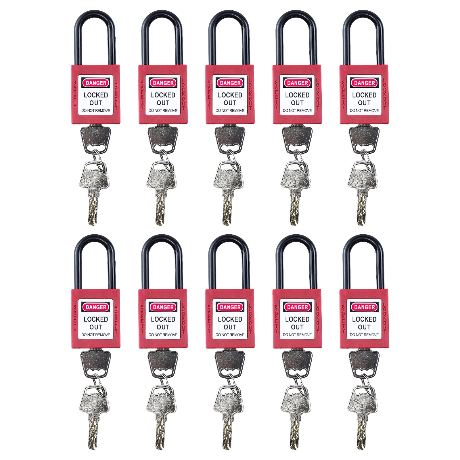 10 lucchetti Lockout in nylon, 38 mm, con chiave, lucchetto di sicurezza per stazioni e dispositivi (rosso)
